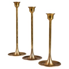 Vintage Set of 3 Bauhaus Graduated Brass Tulip-Shaped Candlestick Holders, USA, c. 1960s