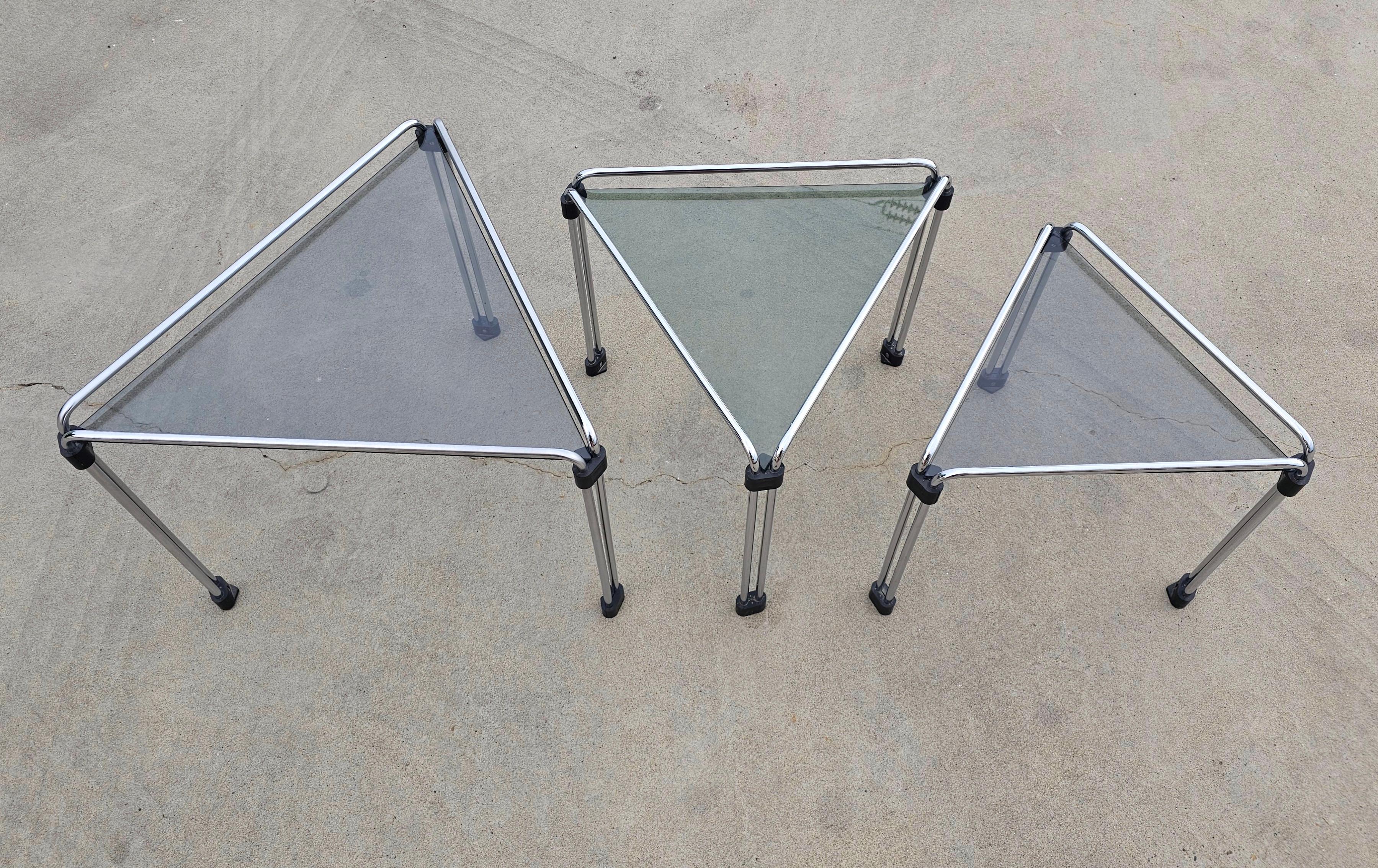 Italian Set of 3 Bauhaus Style Triangular Nesting Tables done in chrome, Italy 1970s