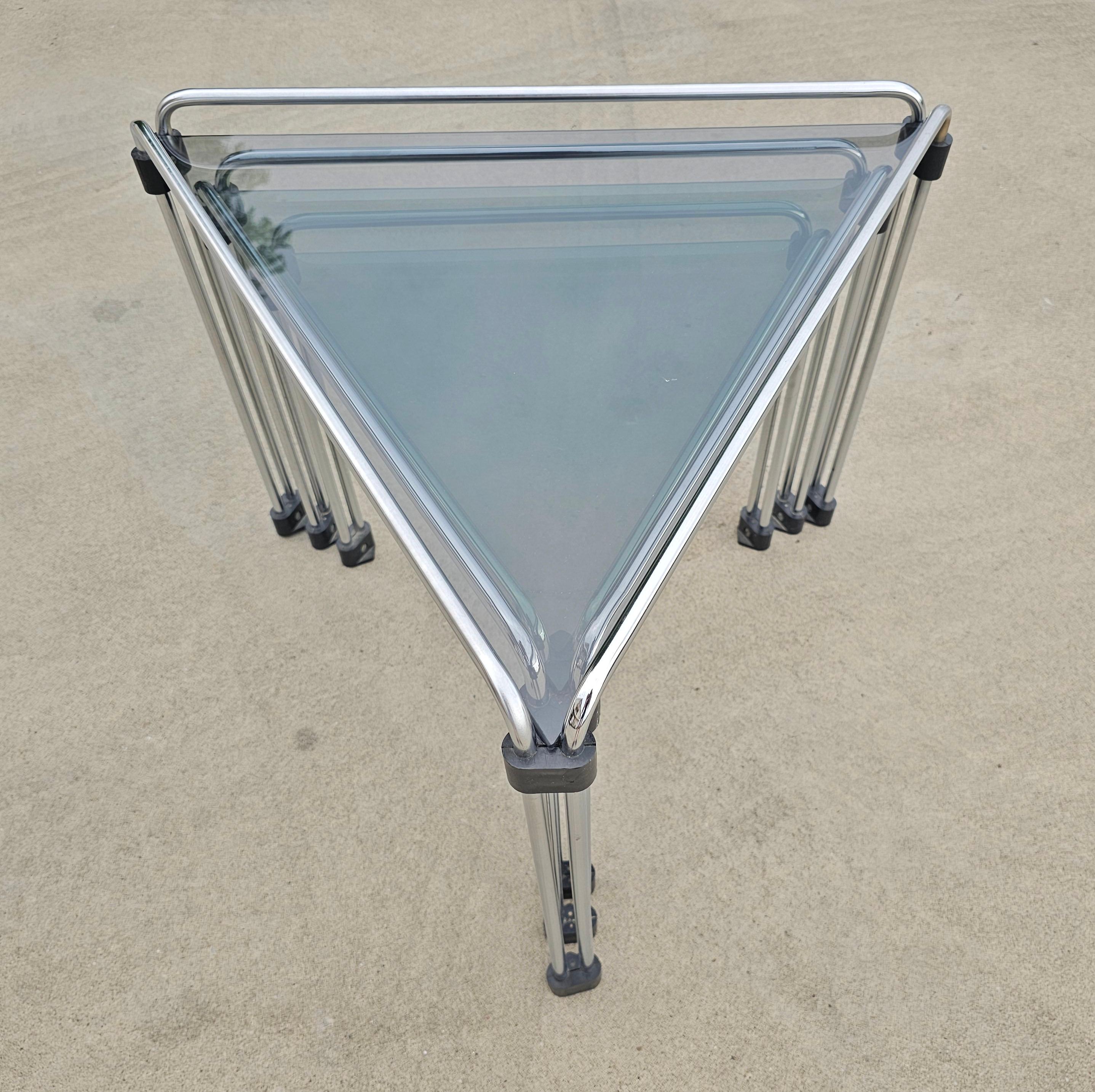 Glass Set of 3 Bauhaus Style Triangular Nesting Tables done in chrome, Italy 1970s