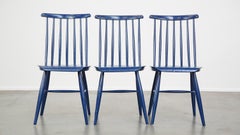 Set of 3 beautiful vintage 1960s blue wooden dining room chairs/ slatted chairs