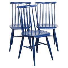 Set of 3 beautiful vintage 1960s blue wooden dining room chairs/ slatted chairs