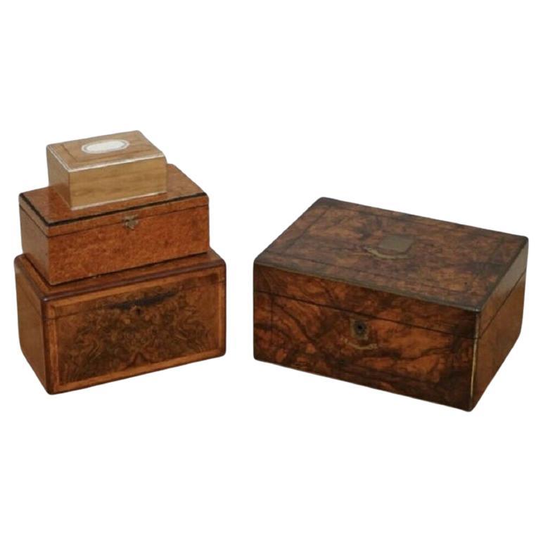 Set of 3 Beautiful Vintage Burr Walnut Sewing Storage For Sale