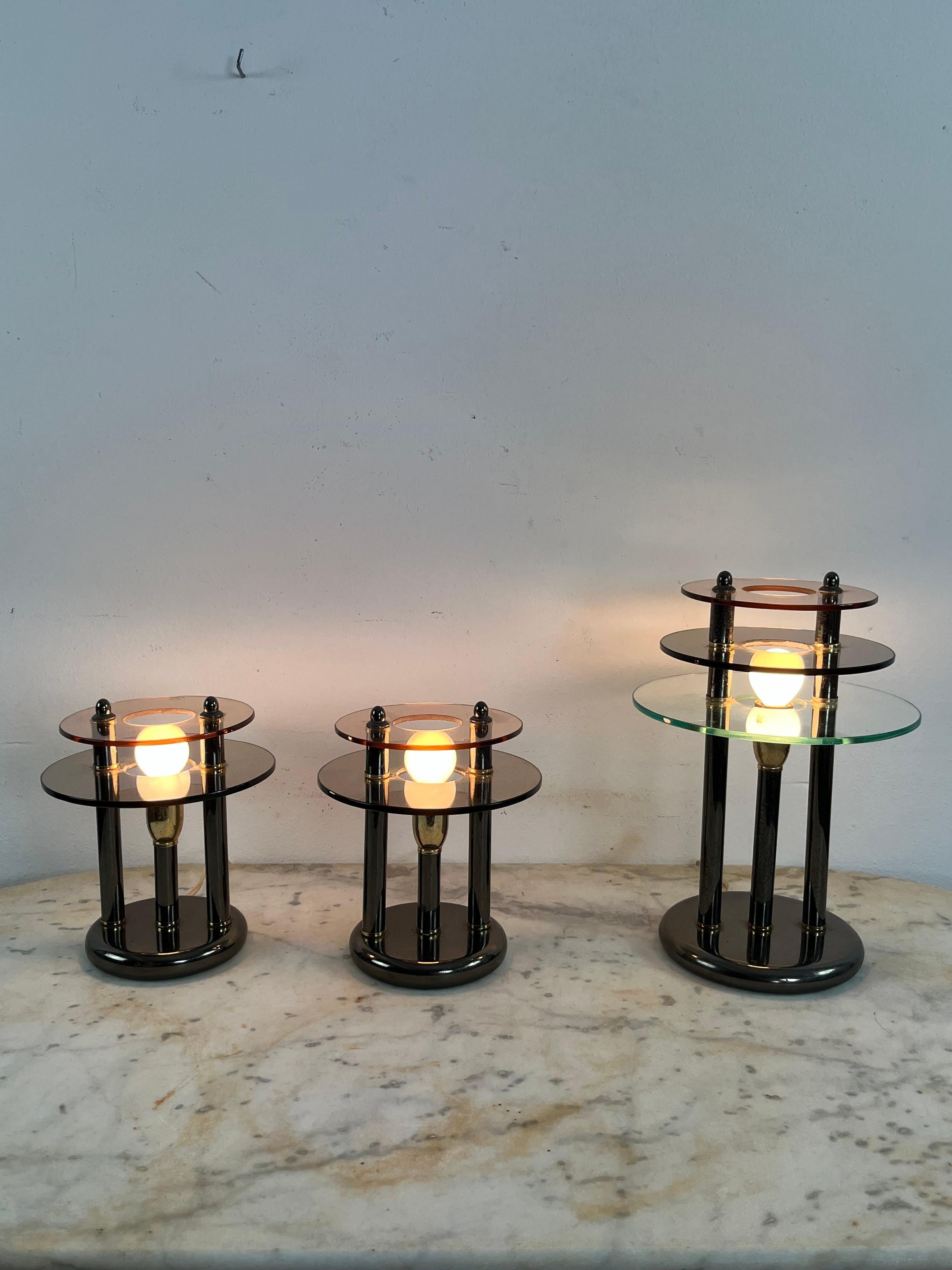 Set Of 3 Bedroom Lamps In Metal And Colored Murano Glass, 1980s For Sale 8