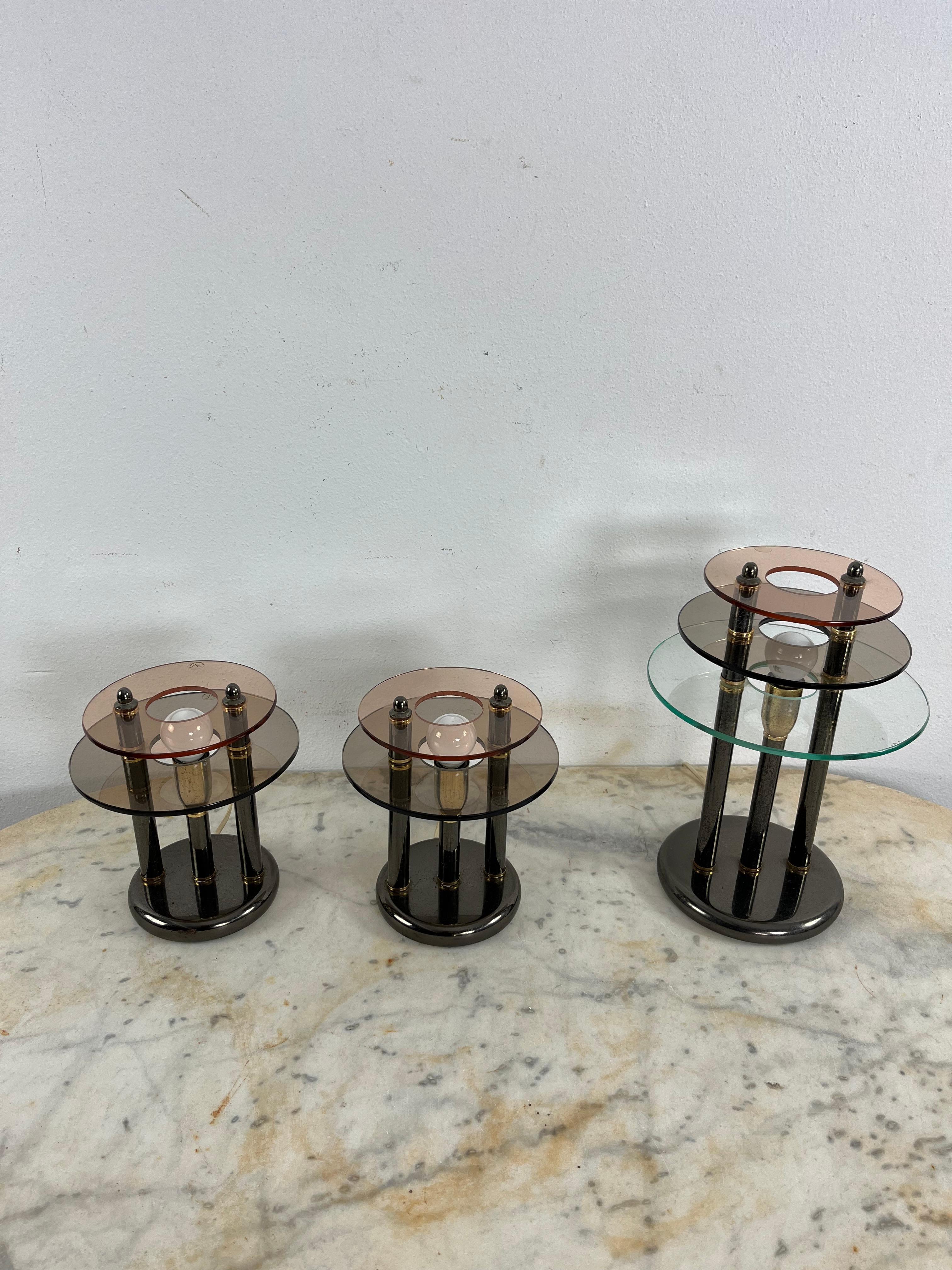 Set Of 3 Bedroom Lamps In Metal And Colored Murano Glass, 1980s For Sale 9