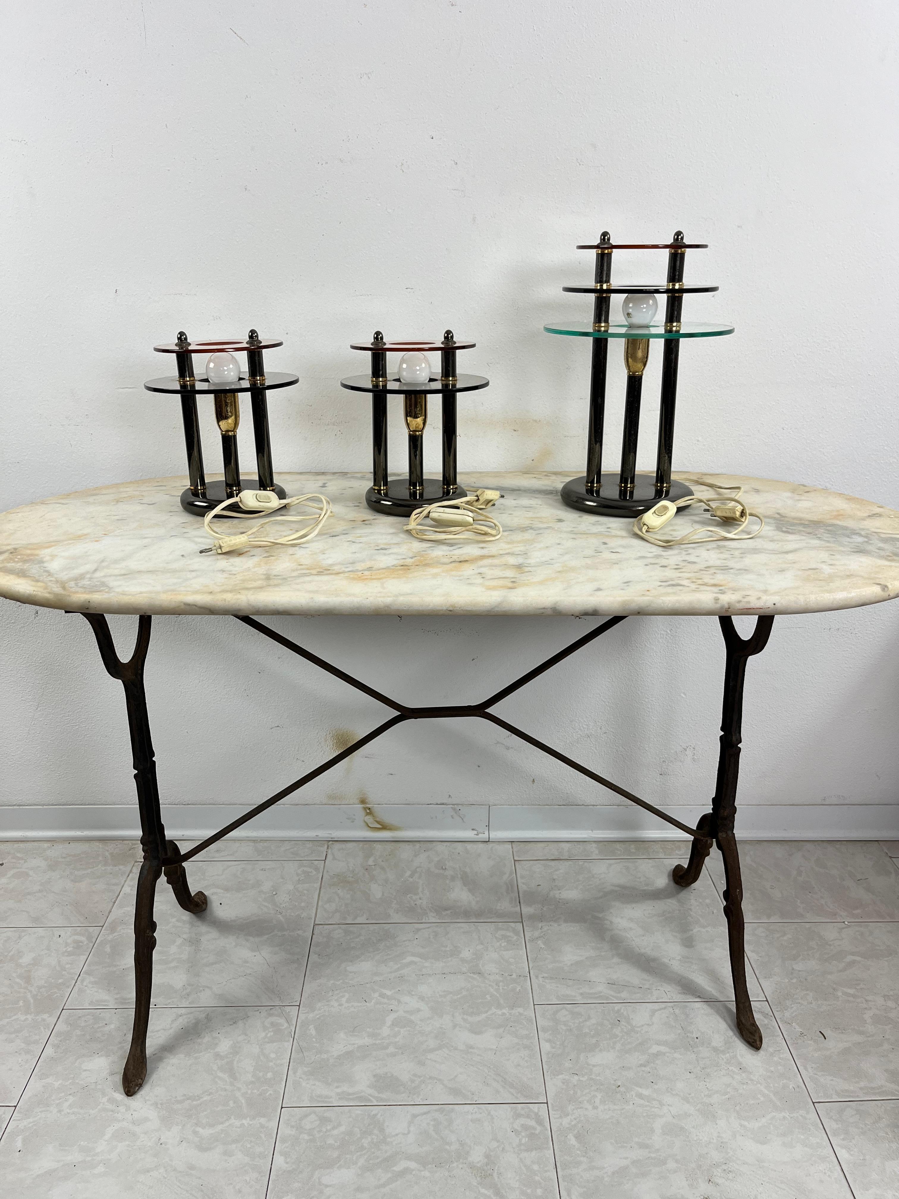 Set Of 3 Bedroom Lamps In Metal And Colored Murano Glass, 1980s For Sale 11
