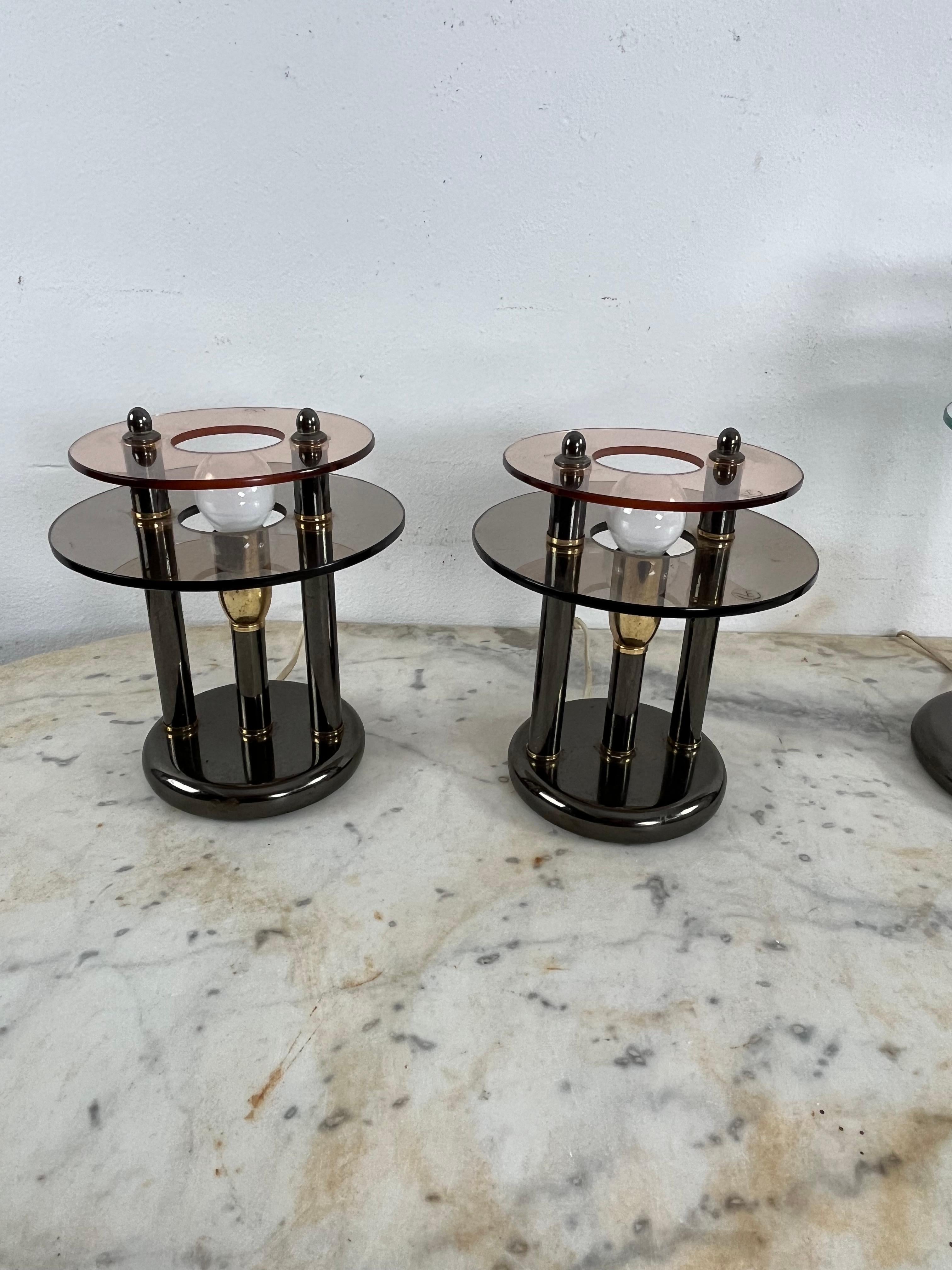 Set Of 3 Bedroom Lamps In Metal And Colored Murano Glass, 1980s In Good Condition For Sale In Palermo, IT
