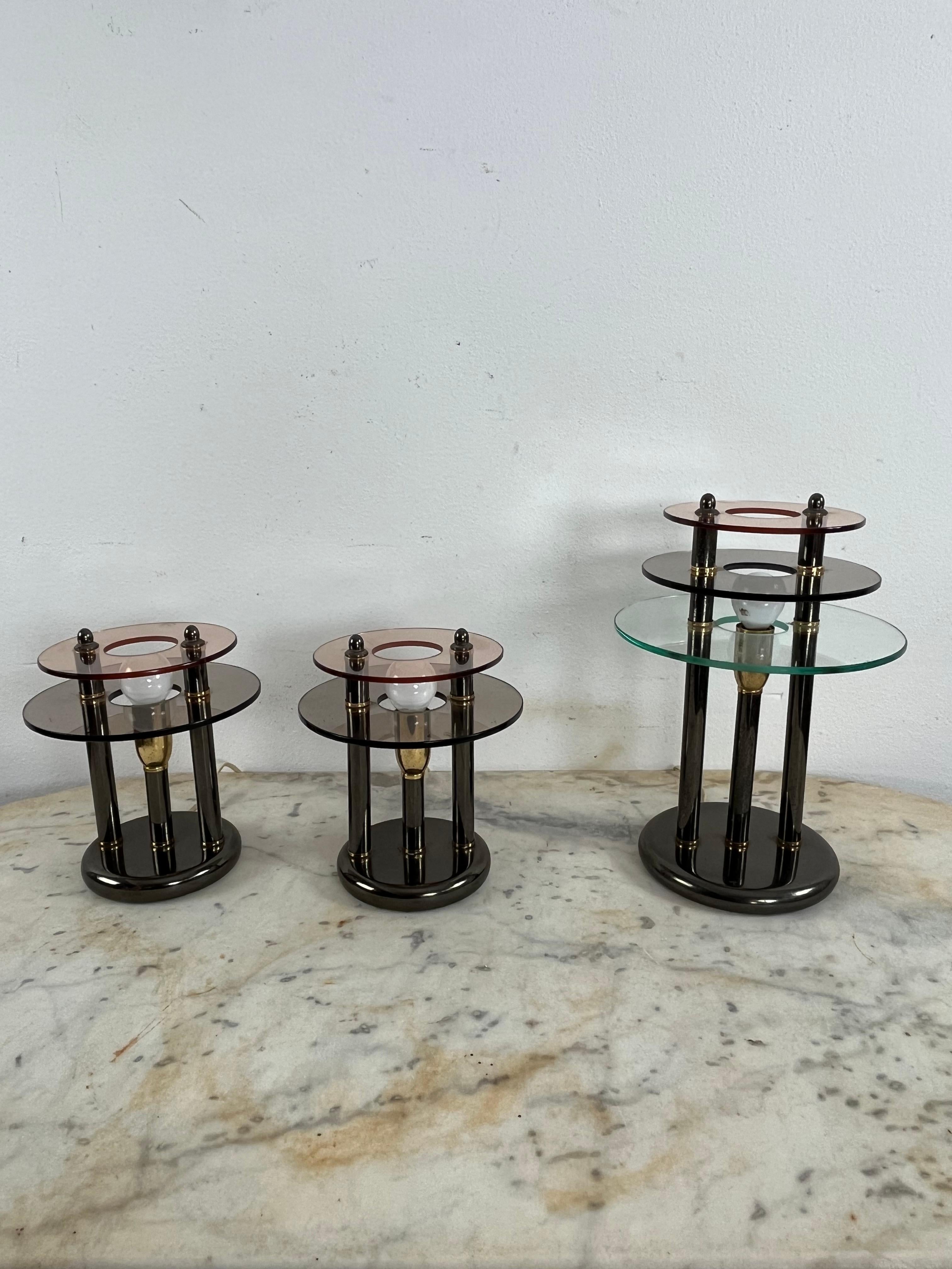 Set Of 3 Bedroom Lamps In Metal And Colored Murano Glass, 1980s For Sale 1