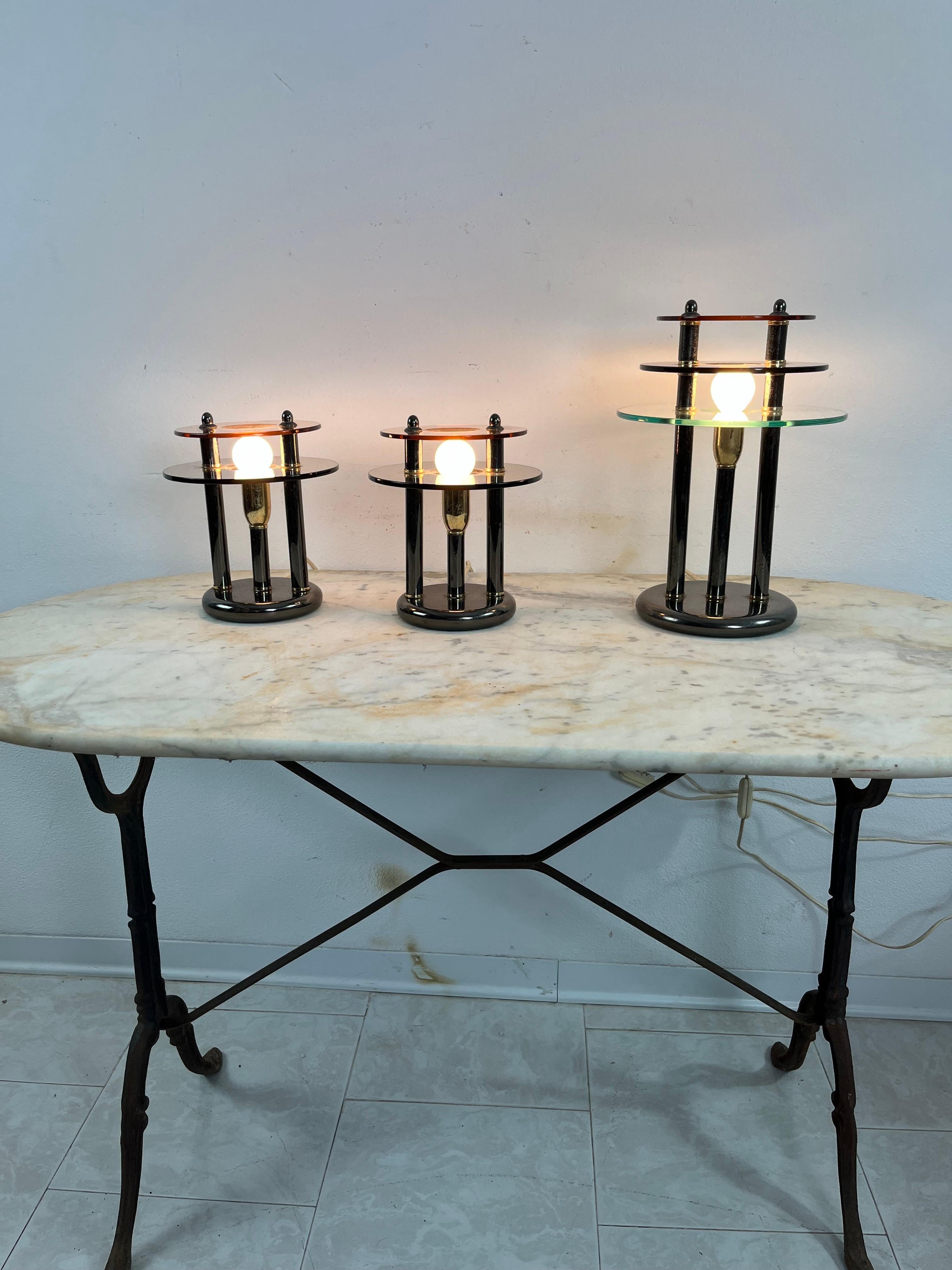 Set Of 3 Bedroom Lamps In Metal And Colored Murano Glass, 1980s For Sale 2