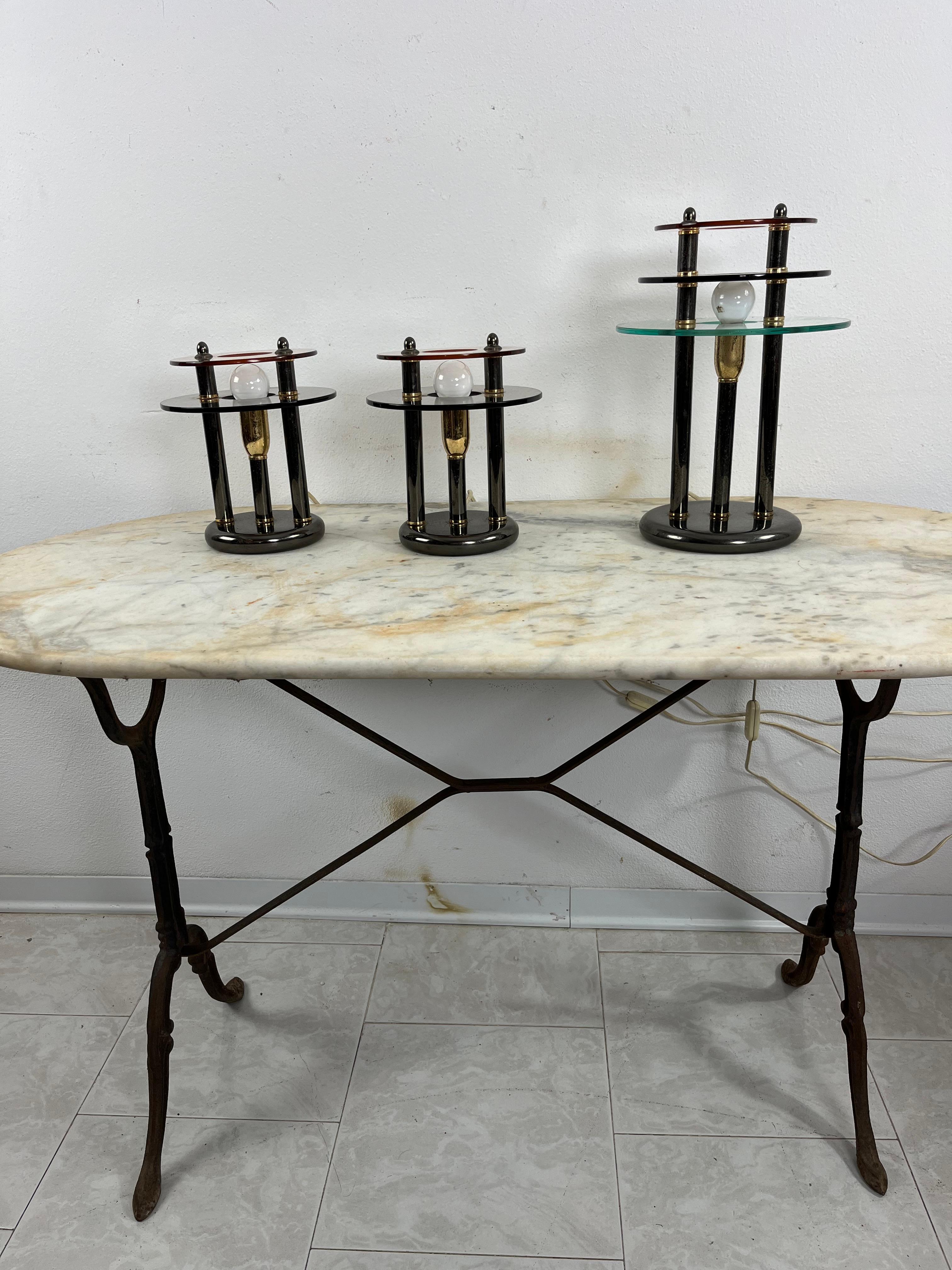 Set Of 3 Bedroom Lamps In Metal And Colored Murano Glass, 1980s For Sale 3