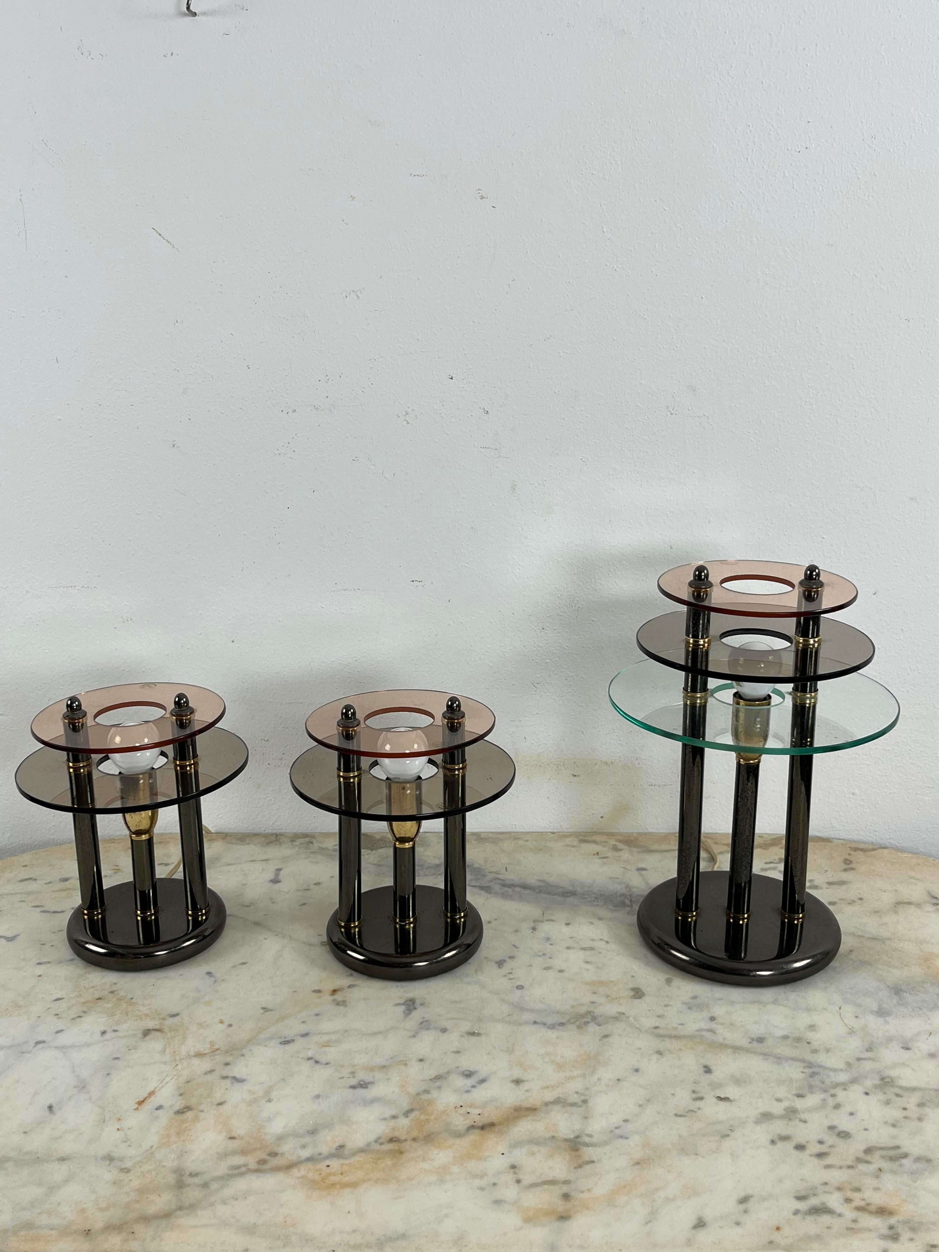Set Of 3 Bedroom Lamps In Metal And Colored Murano Glass, 1980s For Sale 4