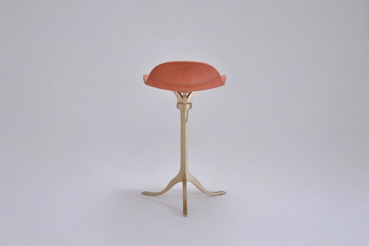 Cast Set of 3 Bespoke Counter-Height Swivel Stool, Leather and Brass by P. Tendercool For Sale