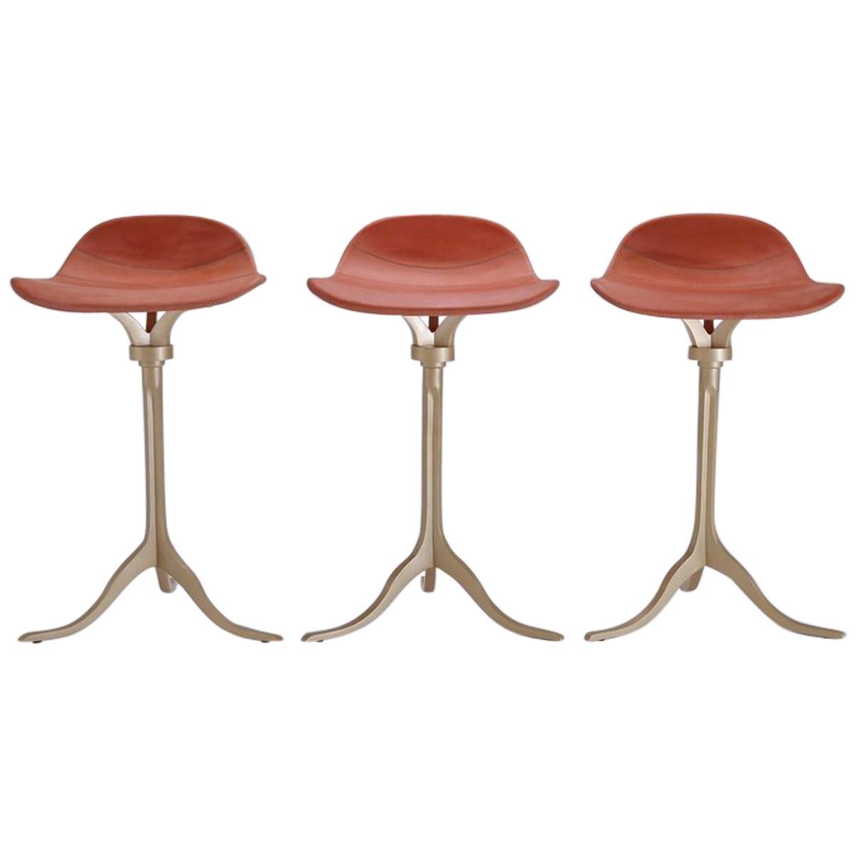 Set of 3 Bespoke Counter-Height Swivel Stool, Leather and Brass by P. Tendercool For Sale