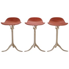 Set of 3 Bespoke Counter-Height Swivel Stool, Leather and Brass by P. Tendercool