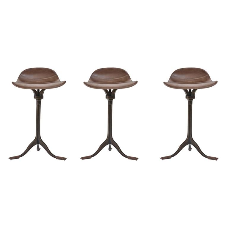 Set of 3 Bespoke, Counter-Height Swivel Stools, Leather, Brass by P. Tendercool For Sale