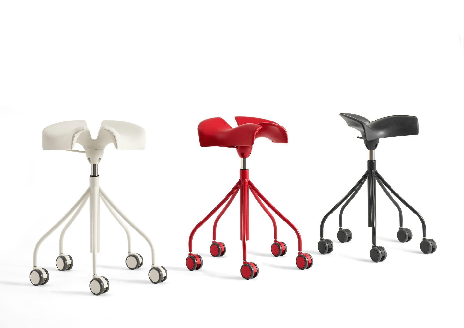 Set of Binaria stool by Otto Canalda & Jordi Badia
Dimensions: diameter 65 x height 82 cm 
Materials: steel structure and lever painted in a polyester powder coating and satin finish. Available in White RAL 1013, Red RAL 3002, or Black RAL 9005.