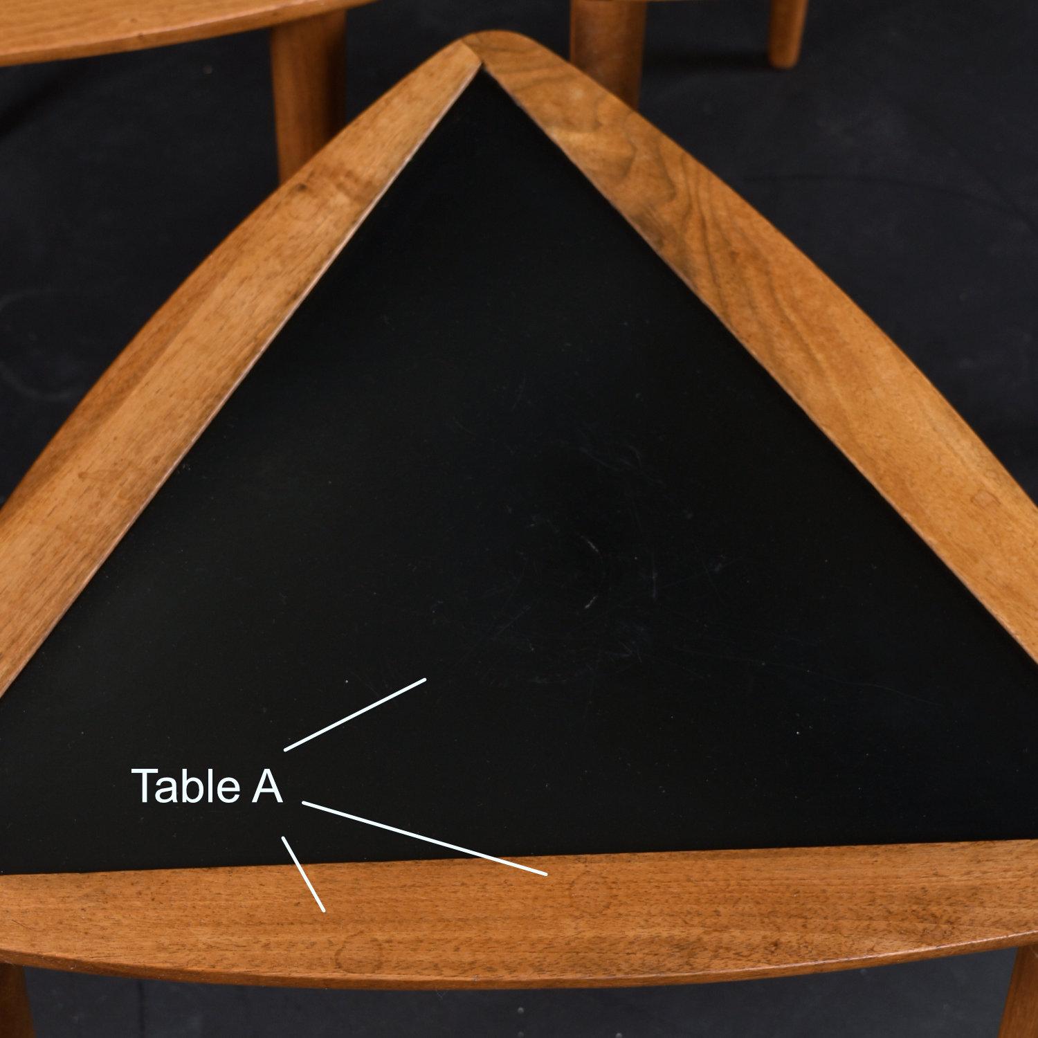 Mid-Century Modern Set of 3 Black and Walnut Arthur Umanoff Guitar Pick Triangular Nesting Tables