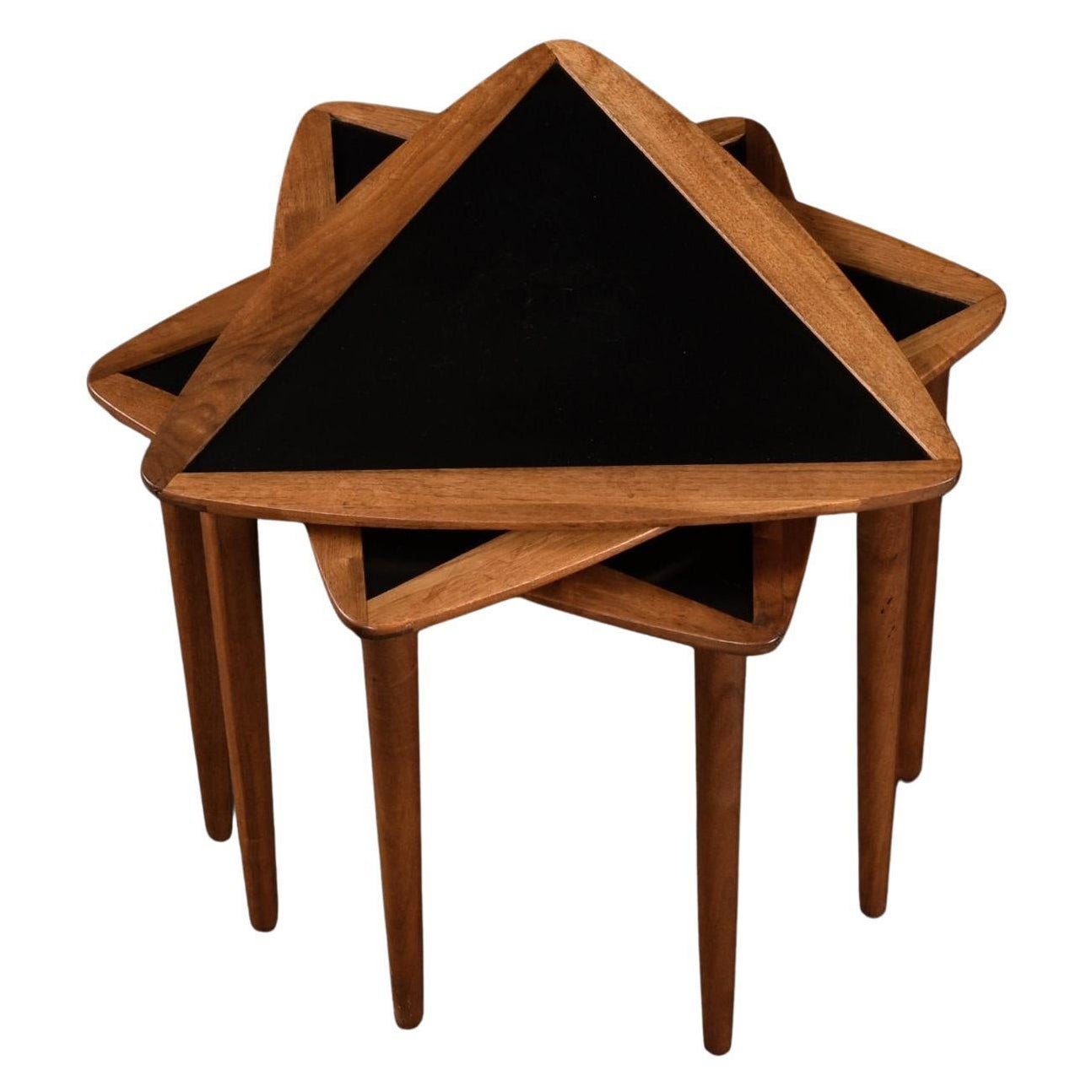 Set of 3 Black and Walnut Arthur Umanoff Guitar Pick Triangular Nesting Tables
