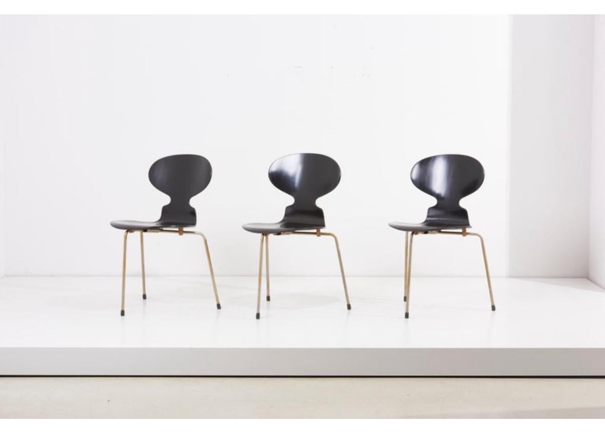 Set of 3 dining or side chairs designed by Danish designer Arne Jacobsen, manufactured by Fritz Hansen. Please note that the chairs are an early production and show some signs of age and use.
   