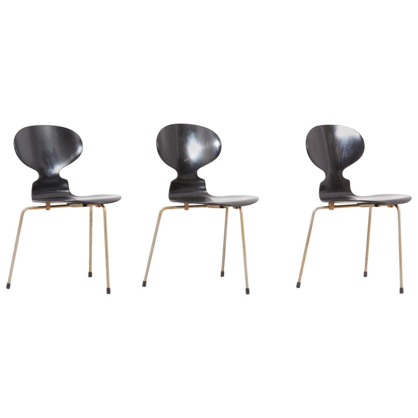 Set of 3 Black Arne Jacobsen Ant Chairs for Fritz Hansen, Denmark, 1950s
