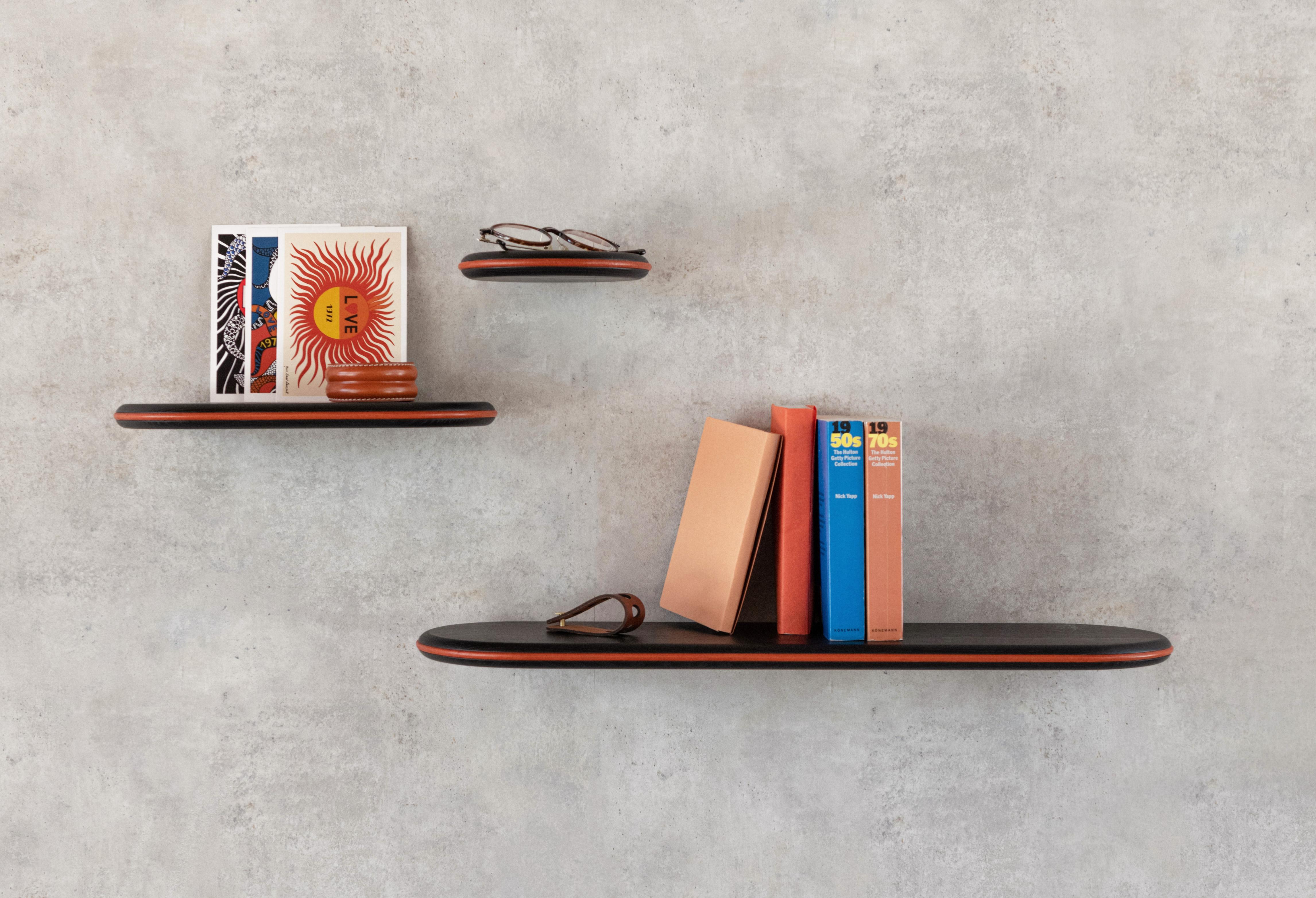 Set of 3 Black Ash and Orange Leather Waly Shelves by Mademoiselle Jo For Sale 3