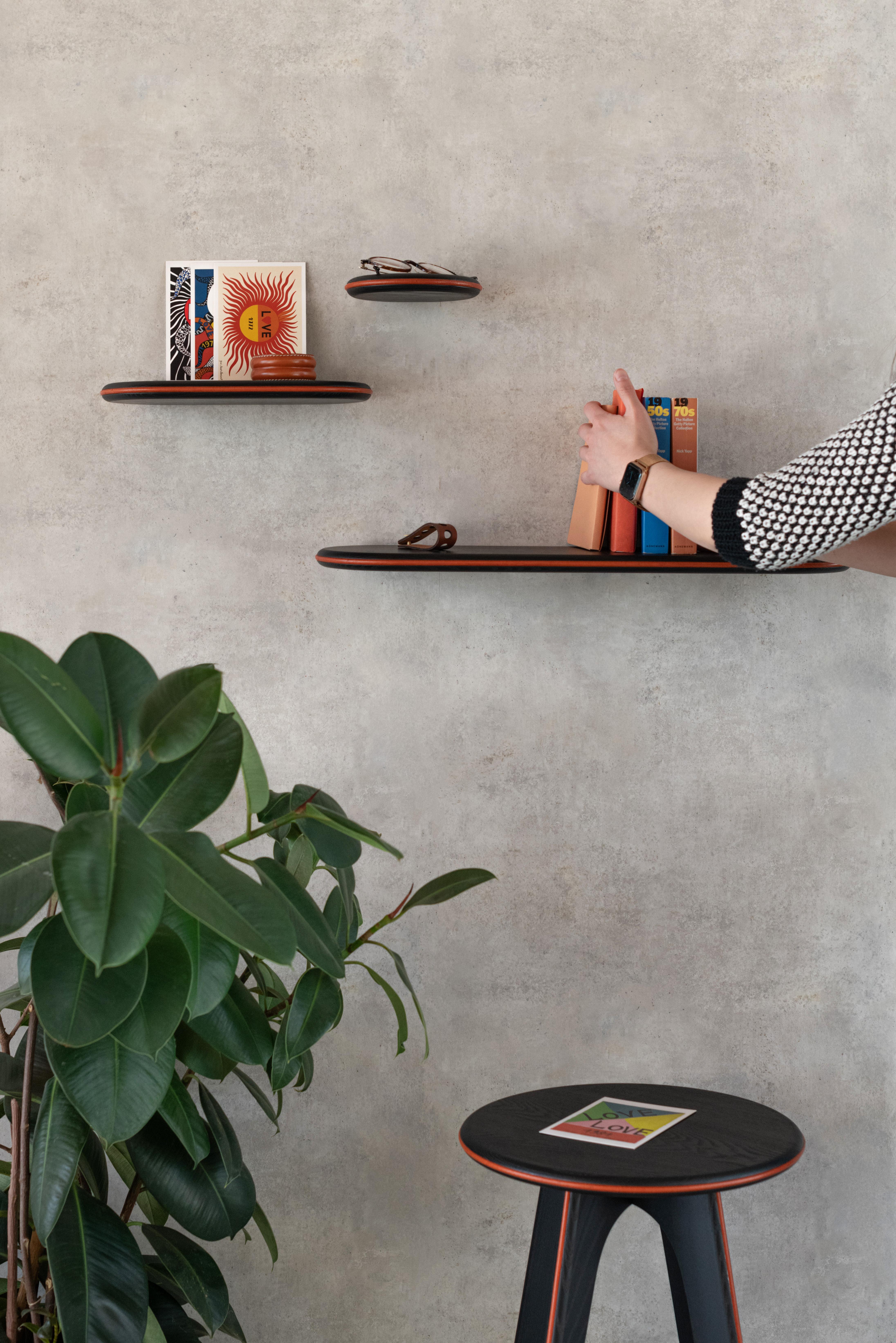 Set of 3 Black Ash and Orange Leather Waly Shelves by Mademoiselle Jo For Sale 4