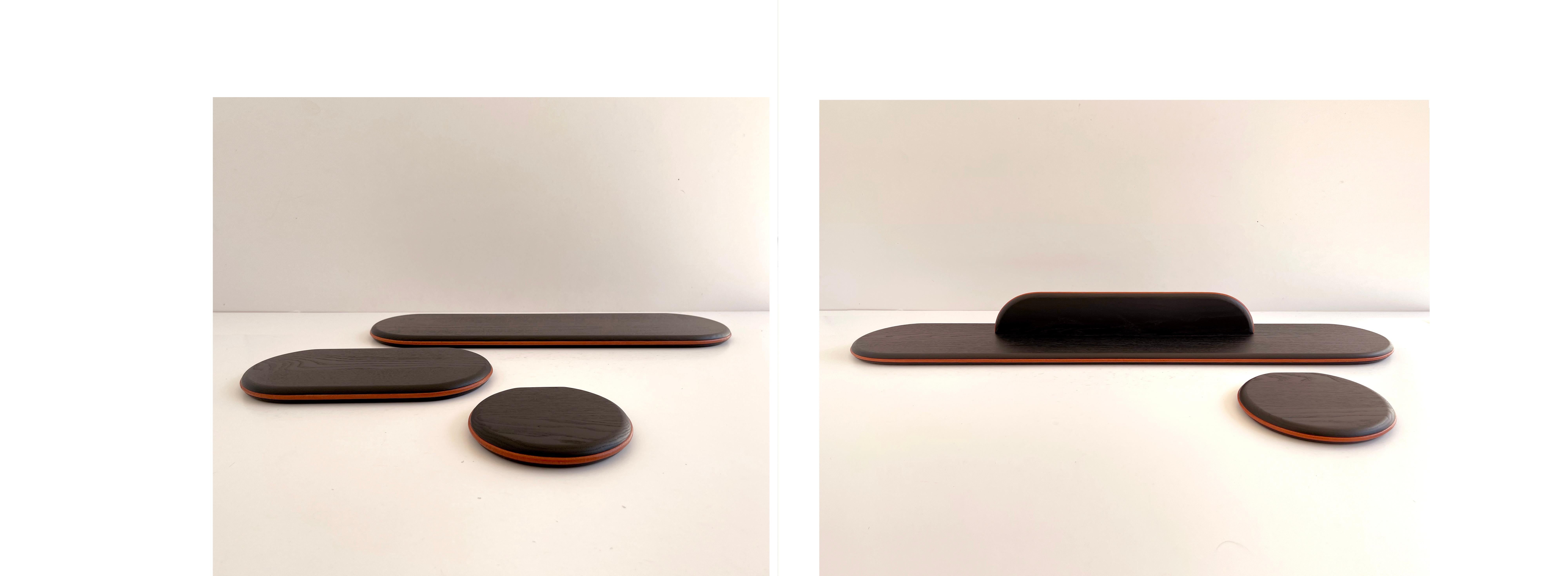 Post-Modern Set of 3 Black Ash and Orange Leather Waly Shelves by Mademoiselle Jo For Sale