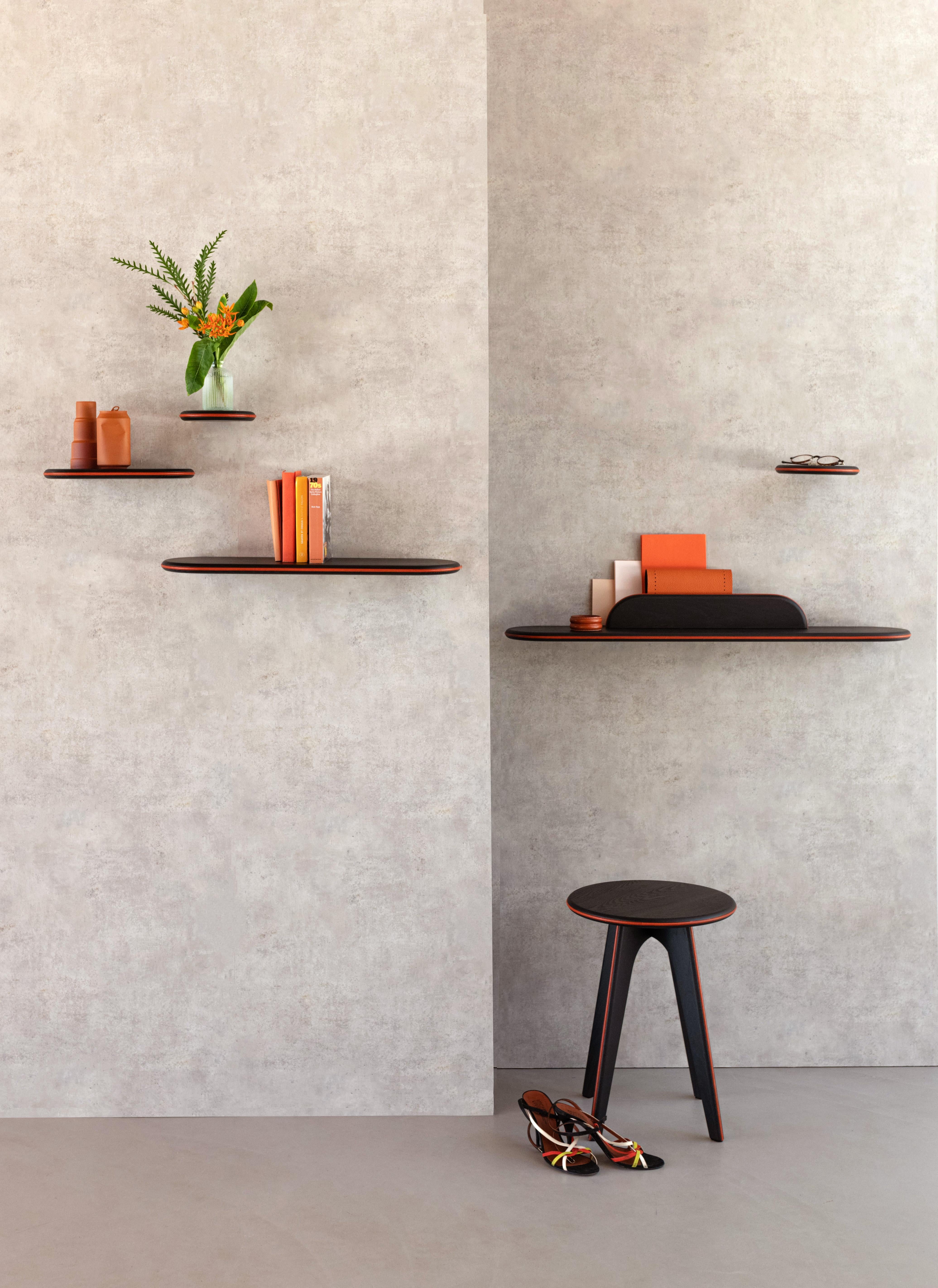 Belgian Set of 3 Black Ash and Orange Leather Waly Shelves by Mademoiselle Jo For Sale