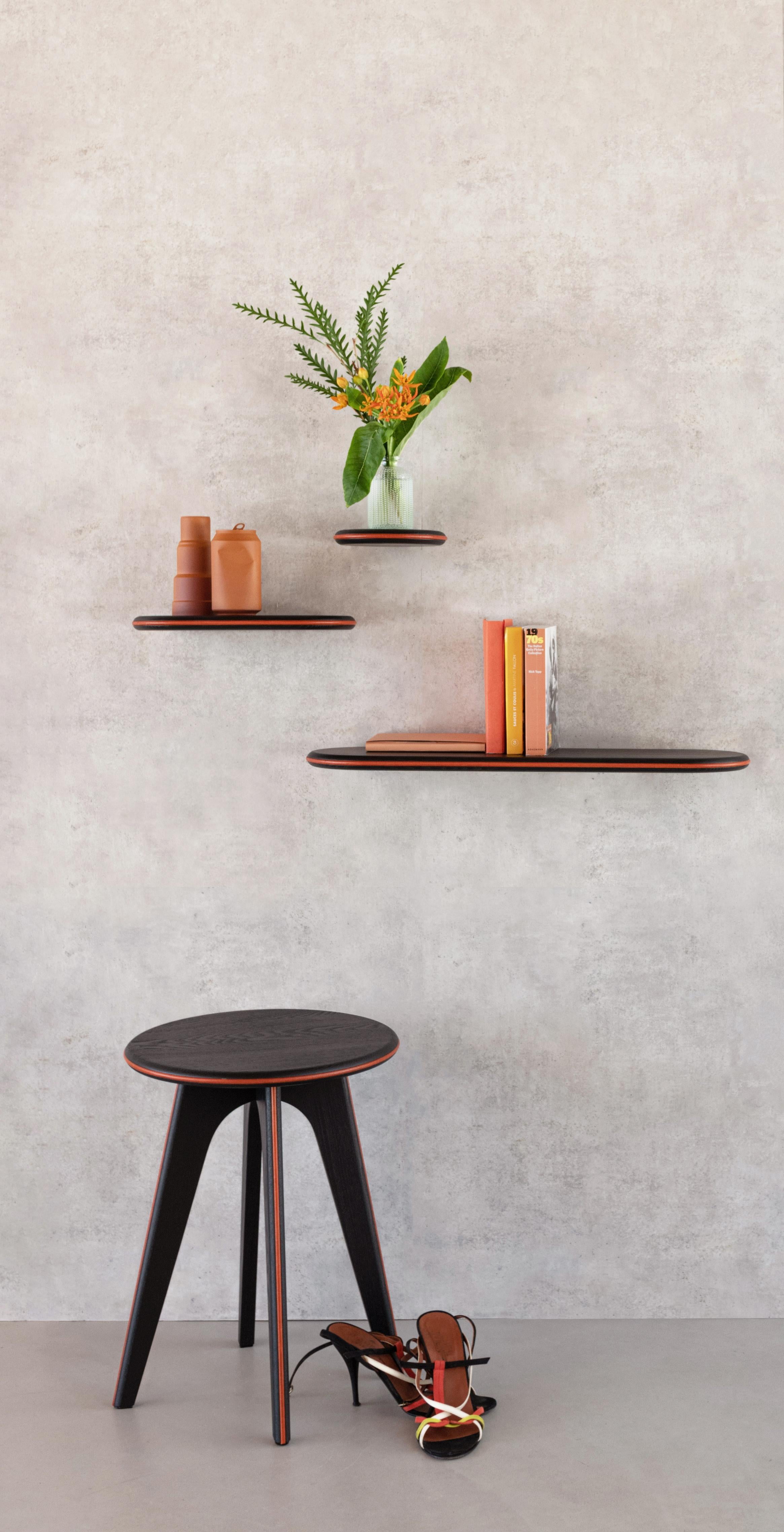 Other Set of 3 Black Ash and Orange Leather Waly Shelves by Mademoiselle Jo For Sale