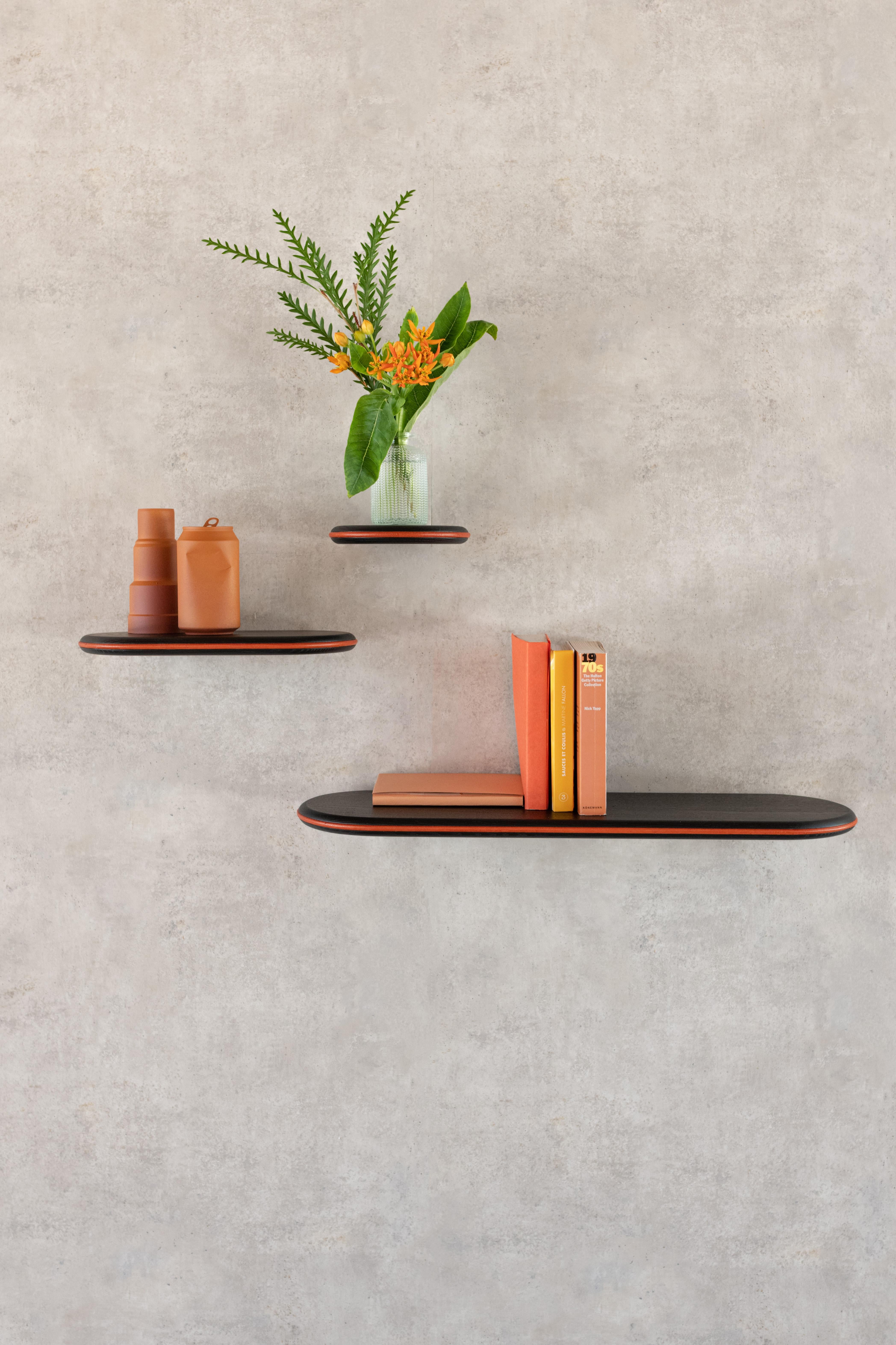 Set of 3 Black Ash and Orange Leather Waly Shelves by Mademoiselle Jo In New Condition For Sale In Geneve, CH