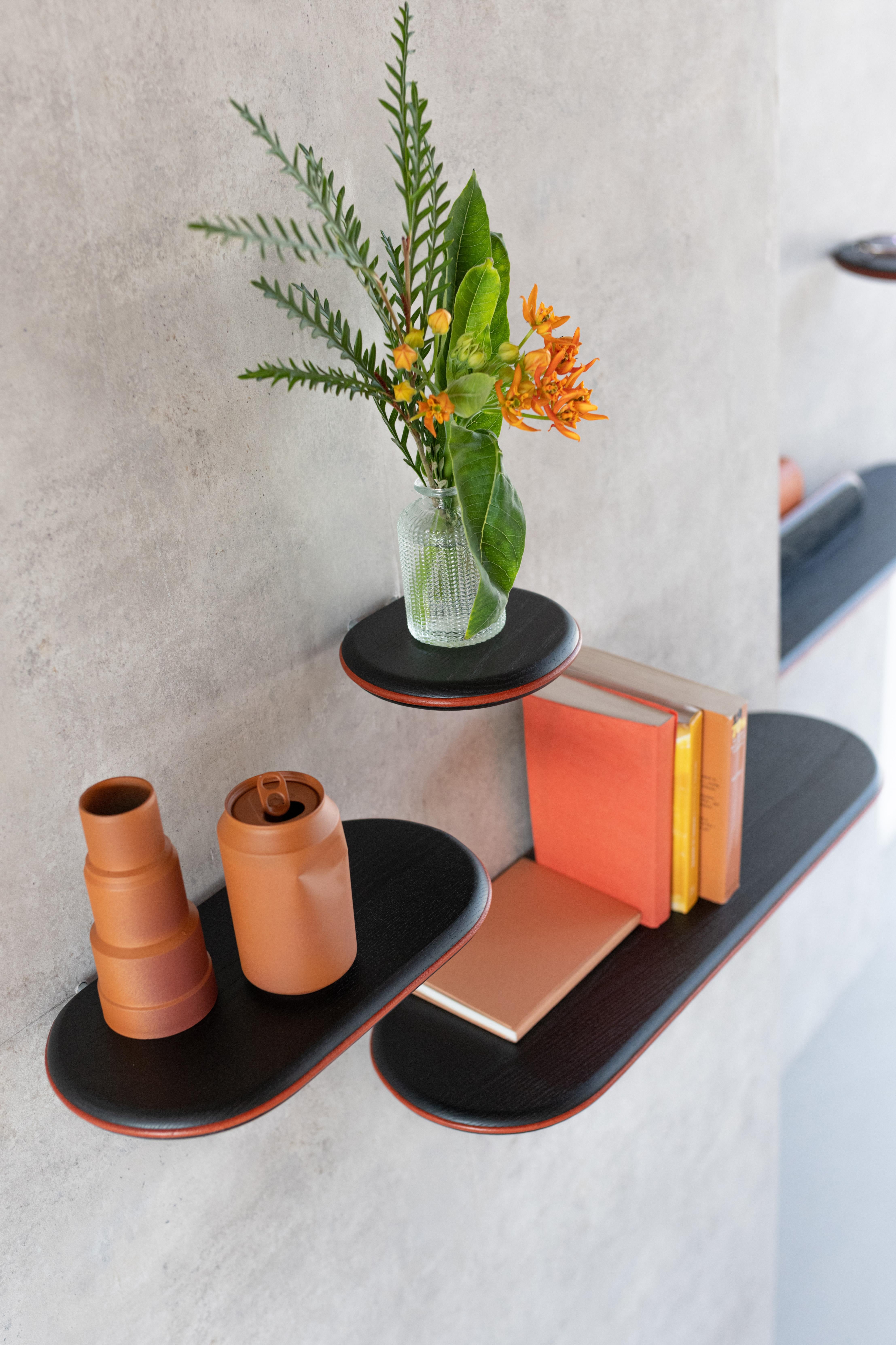 Contemporary Set of 3 Black Ash and Orange Leather Waly Shelves by Mademoiselle Jo For Sale