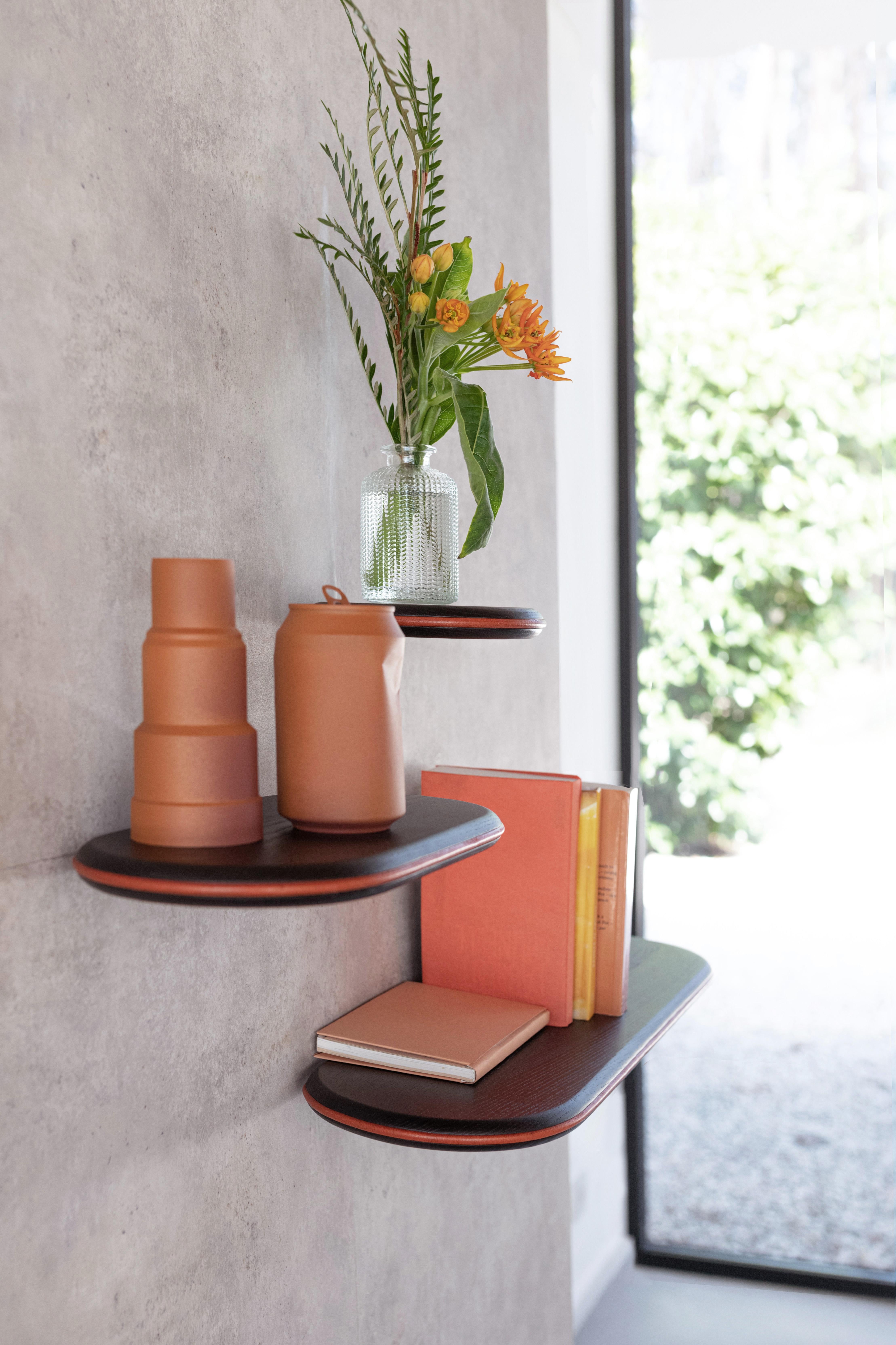 Set of 3 Black Ash and Orange Leather Waly Shelves by Mademoiselle Jo For Sale 1