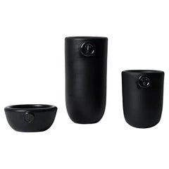 Set of 3 Black Ceramic, 2 Vases and 1 Cup One of a Kind Signed by Dalo