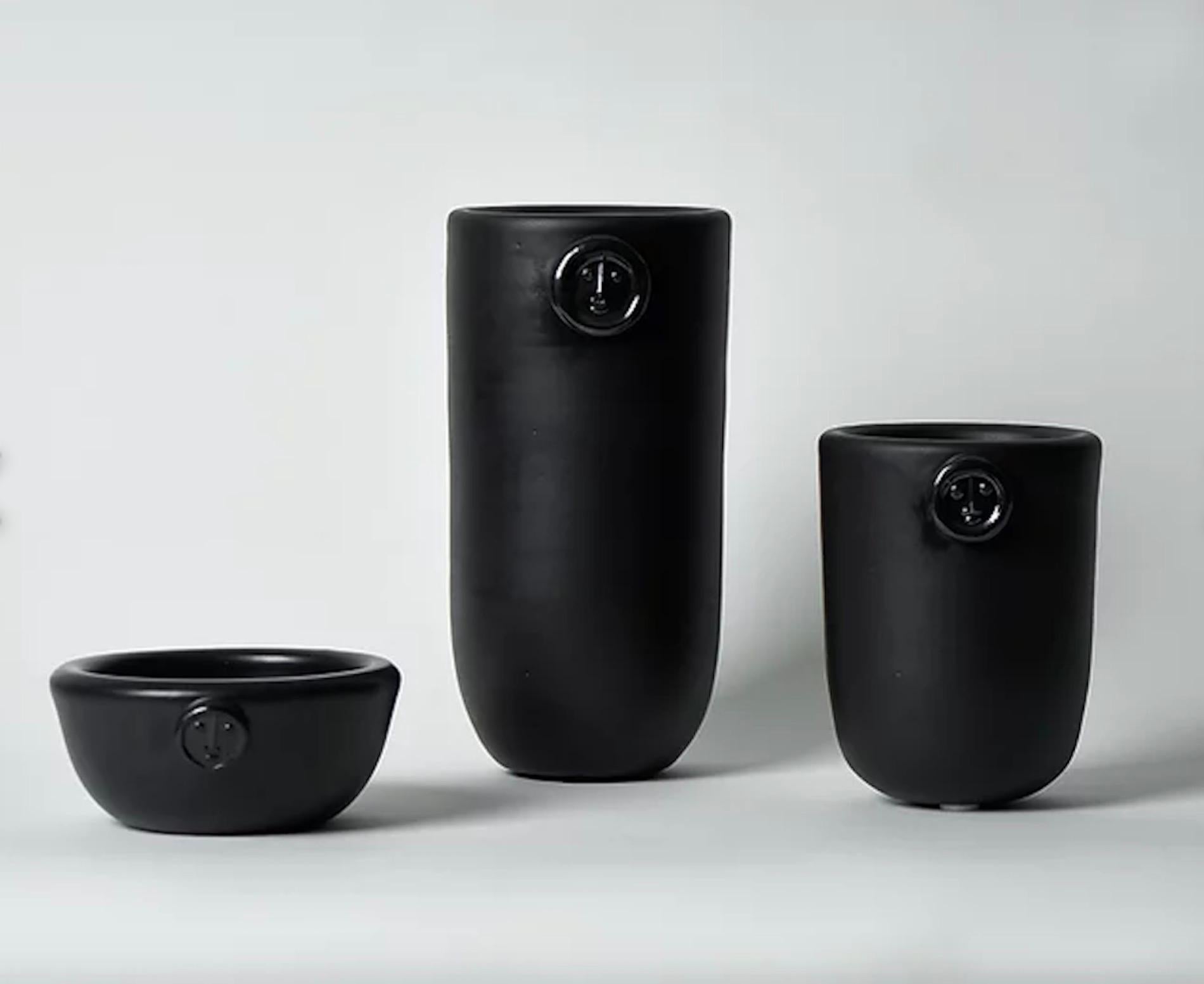 Set of 3 Black Ceramic, 2 Vases and 1 Cup One of a Kind Signed by Dalo In Excellent Condition For Sale In Paris, FR