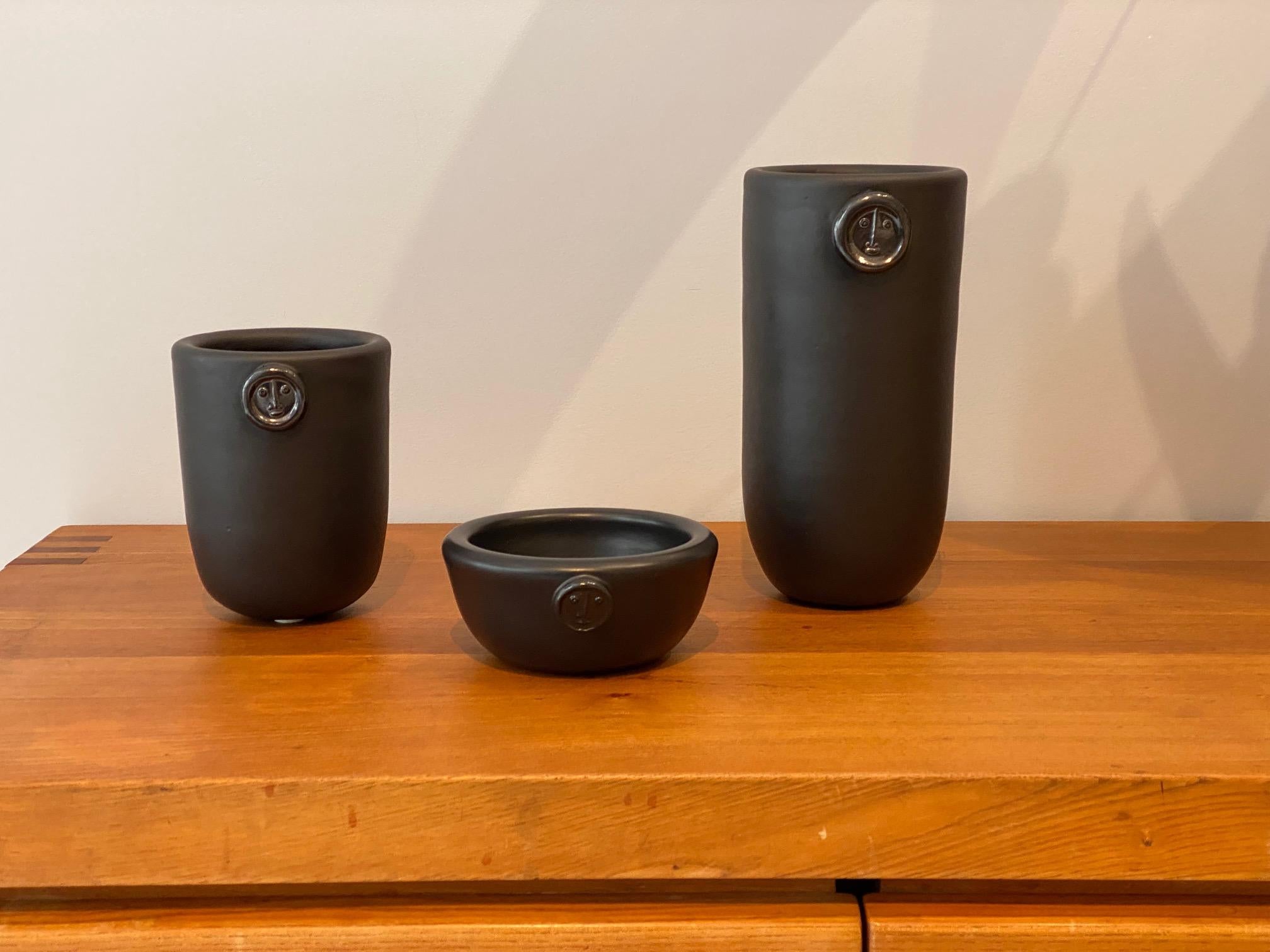 Contemporary Set of 3 Black Ceramic, 2 Vases and 1 Cup One of a Kind Signed by Dalo For Sale