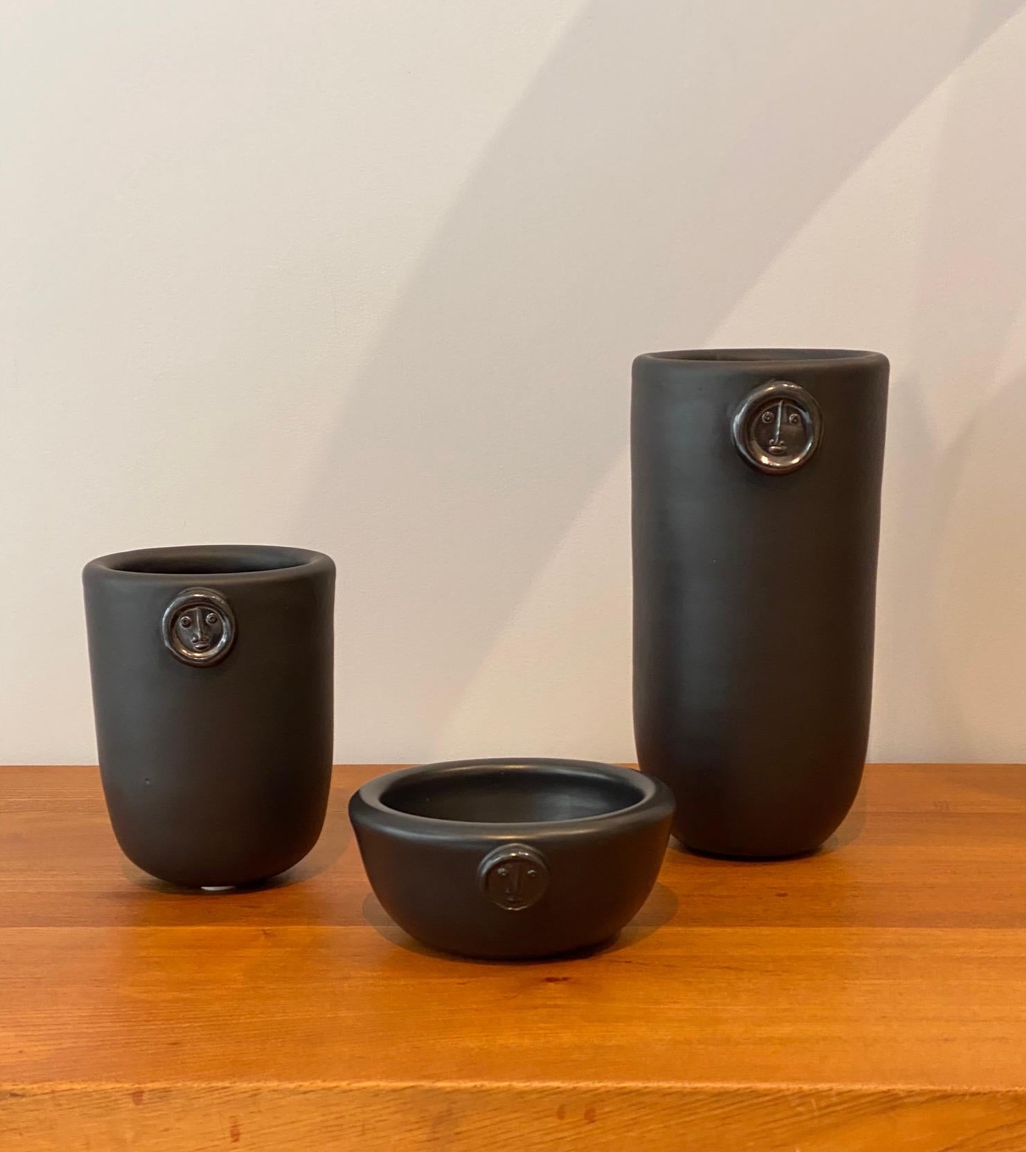 Set of 3 Black Ceramic, 2 Vases and 1 Cup One of a Kind Signed by Dalo For Sale 1