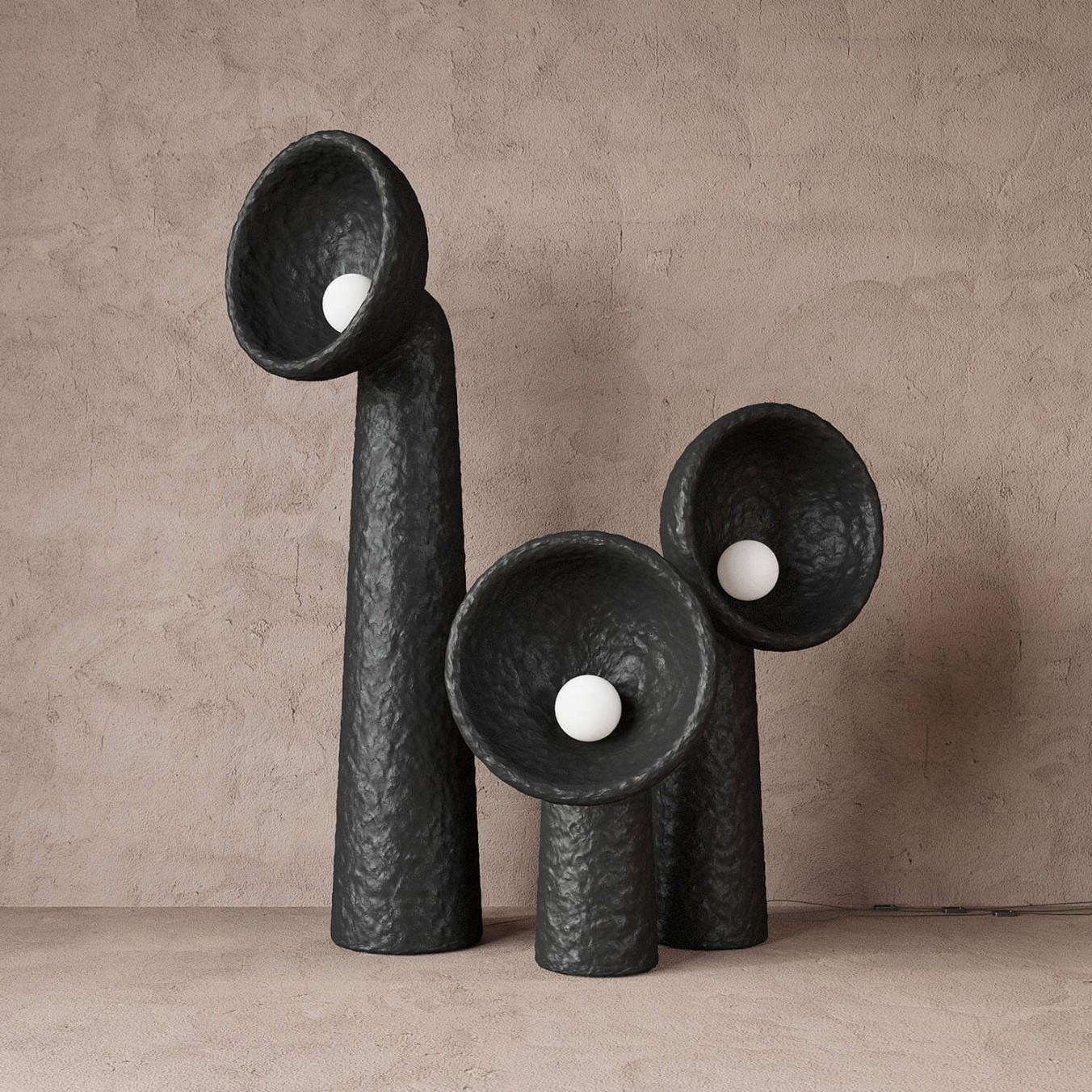 Set of 3 Contemporary Floor Lamps - Soniah by Victoriya Yakusha for Faina

Design: Victoriya Yakusha
Material: upcycled steel, flax rubber, wood chips, cellulose, and clay all with
biopolymer cover

Dimensions: 
Small: H 105 x W 60 x L 30