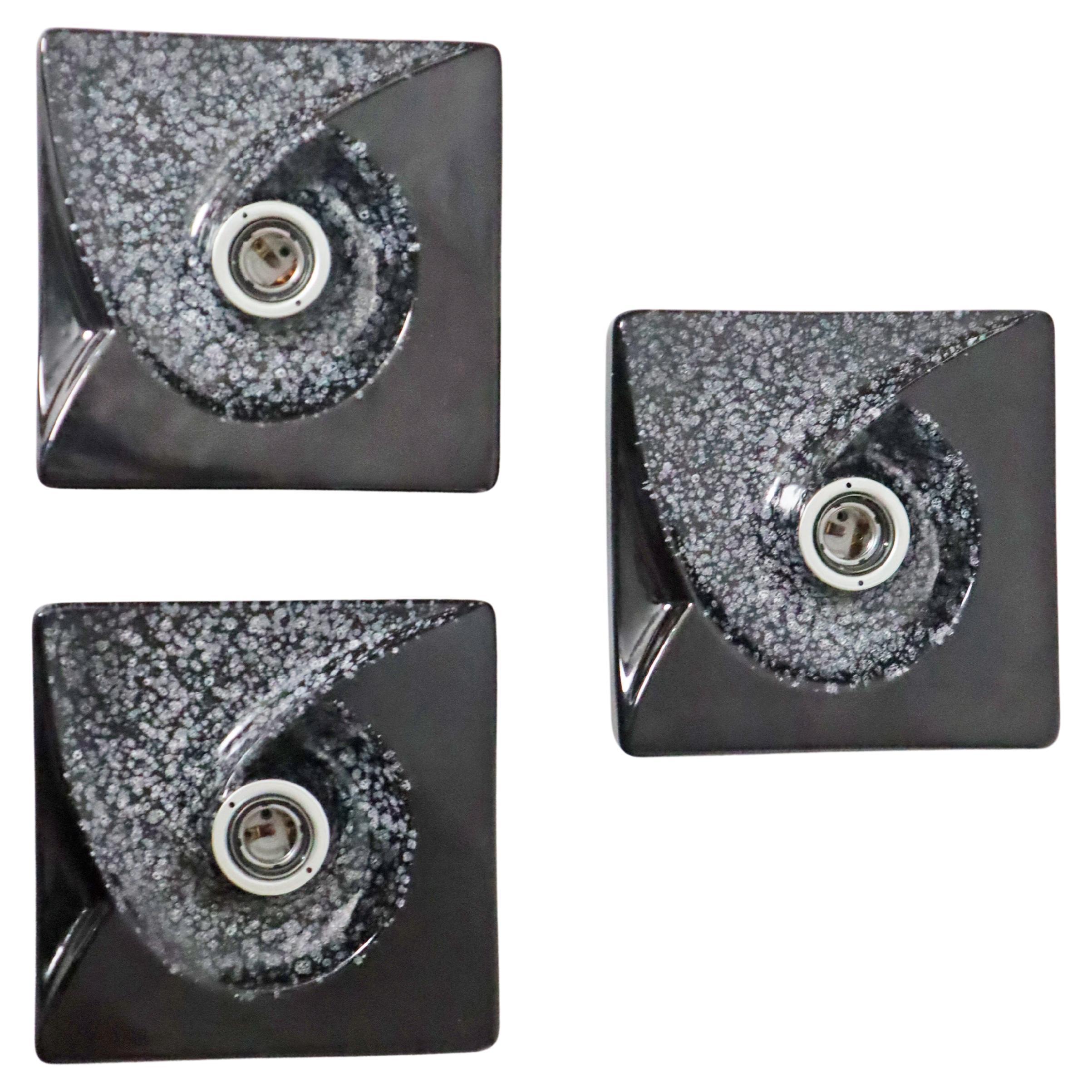 Set of 3 Black Galaxy Swirl Ceramic Wall Lights by PAN Germany 1970s