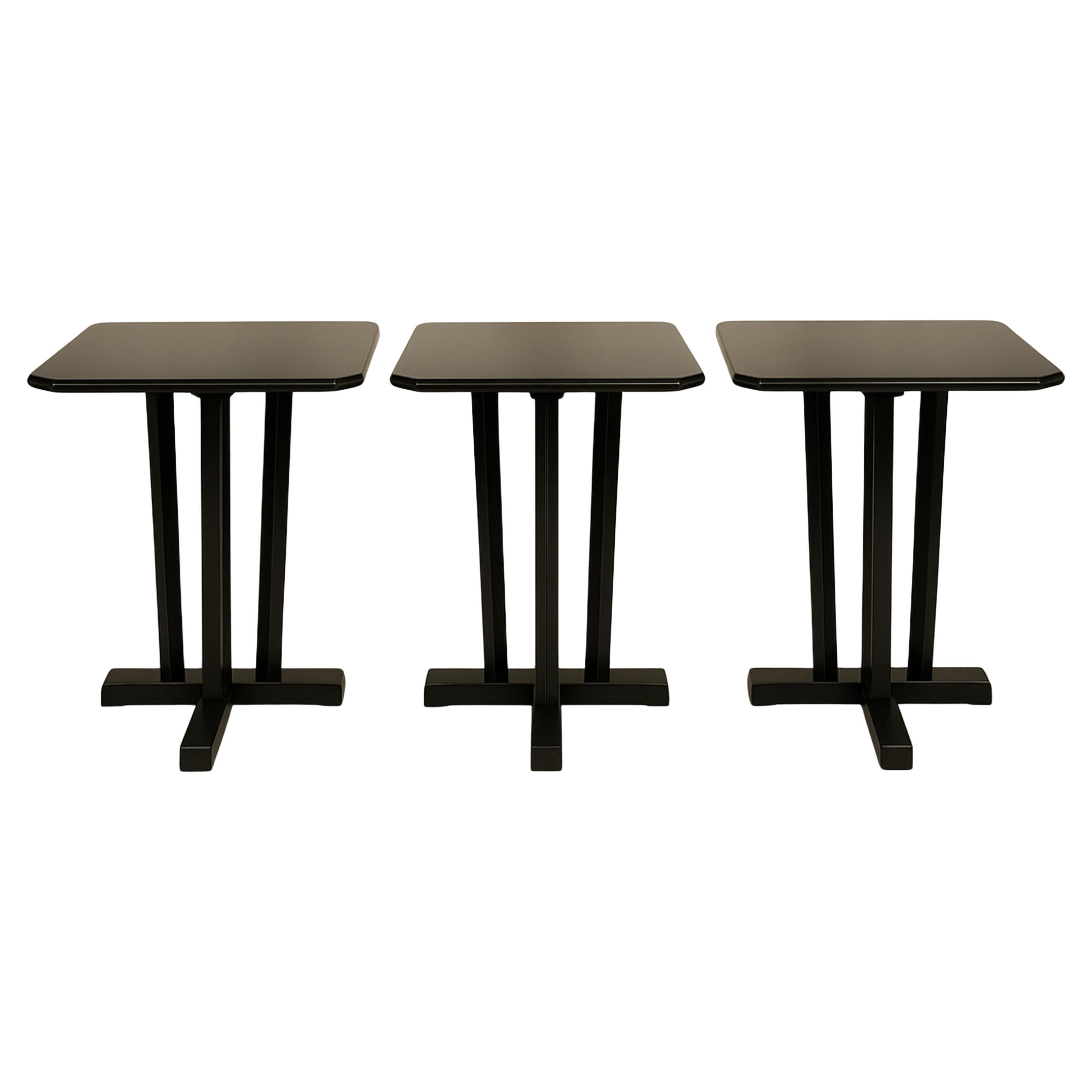 Set of 3 Black Lacquer Art Deco Walnut Bistro Coffee Table, 20th Century