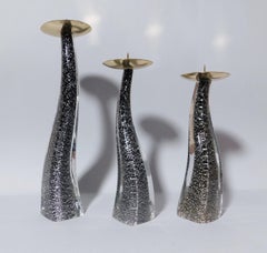 Set of 3 Black Murano Glass Candlesticks by Maurizio Toso