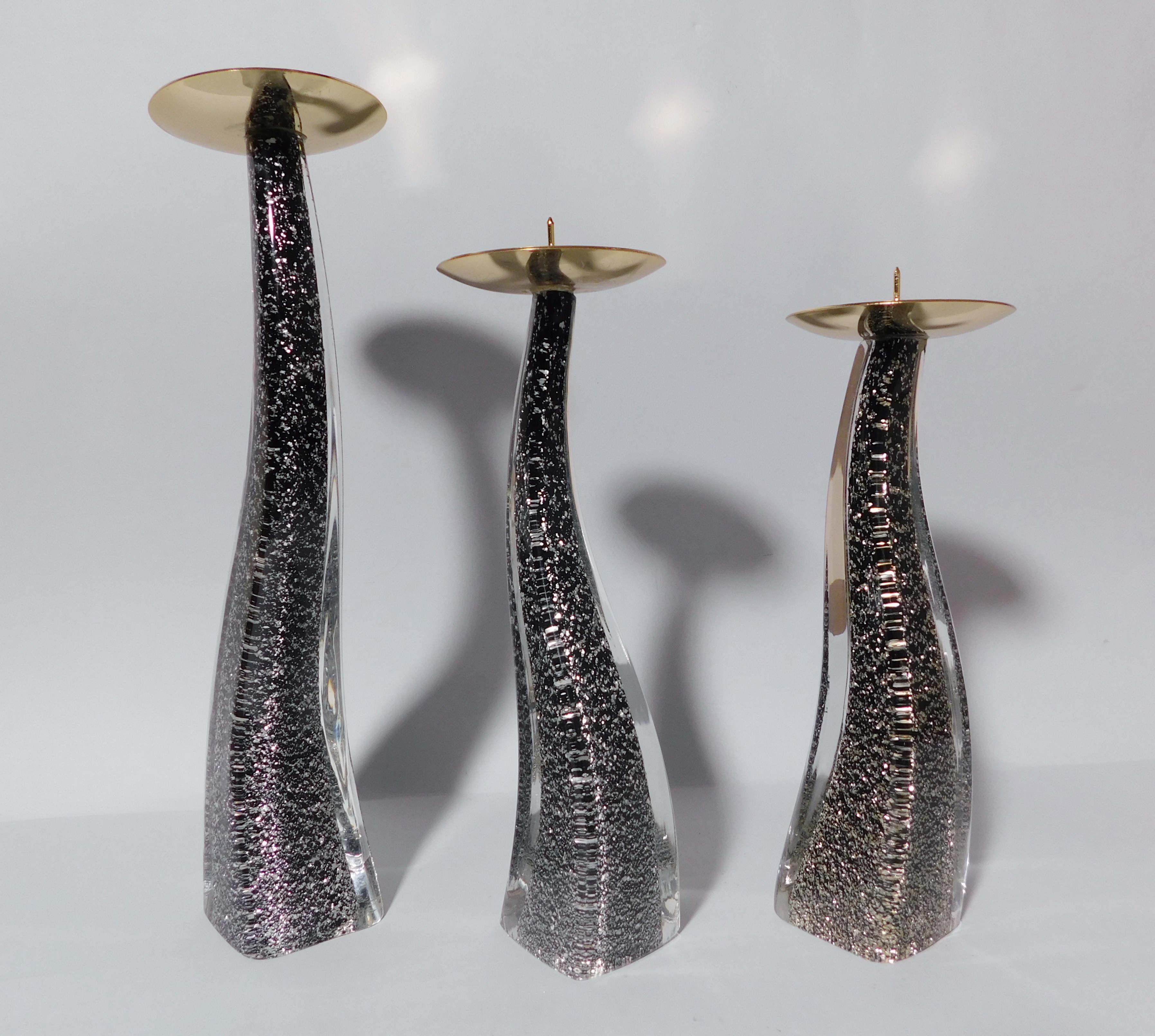 Italian Set of 3 Black Murano Glass Candlesticks by Maurizio Toso For Sale