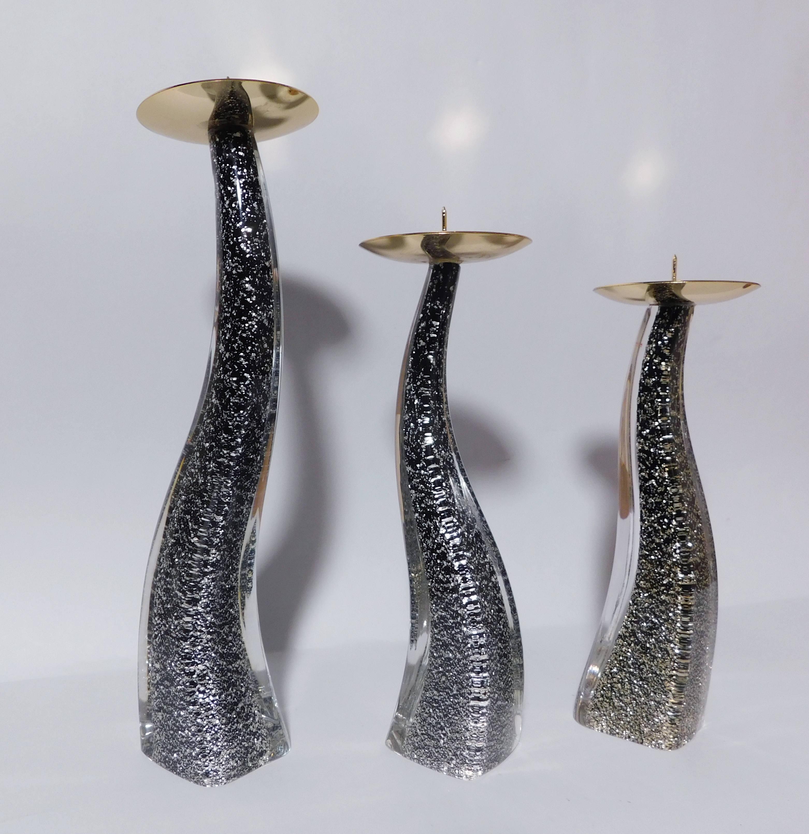 Set of 3 Black Murano Glass Candlesticks by Maurizio Toso In Good Condition For Sale In Los Angeles, CA