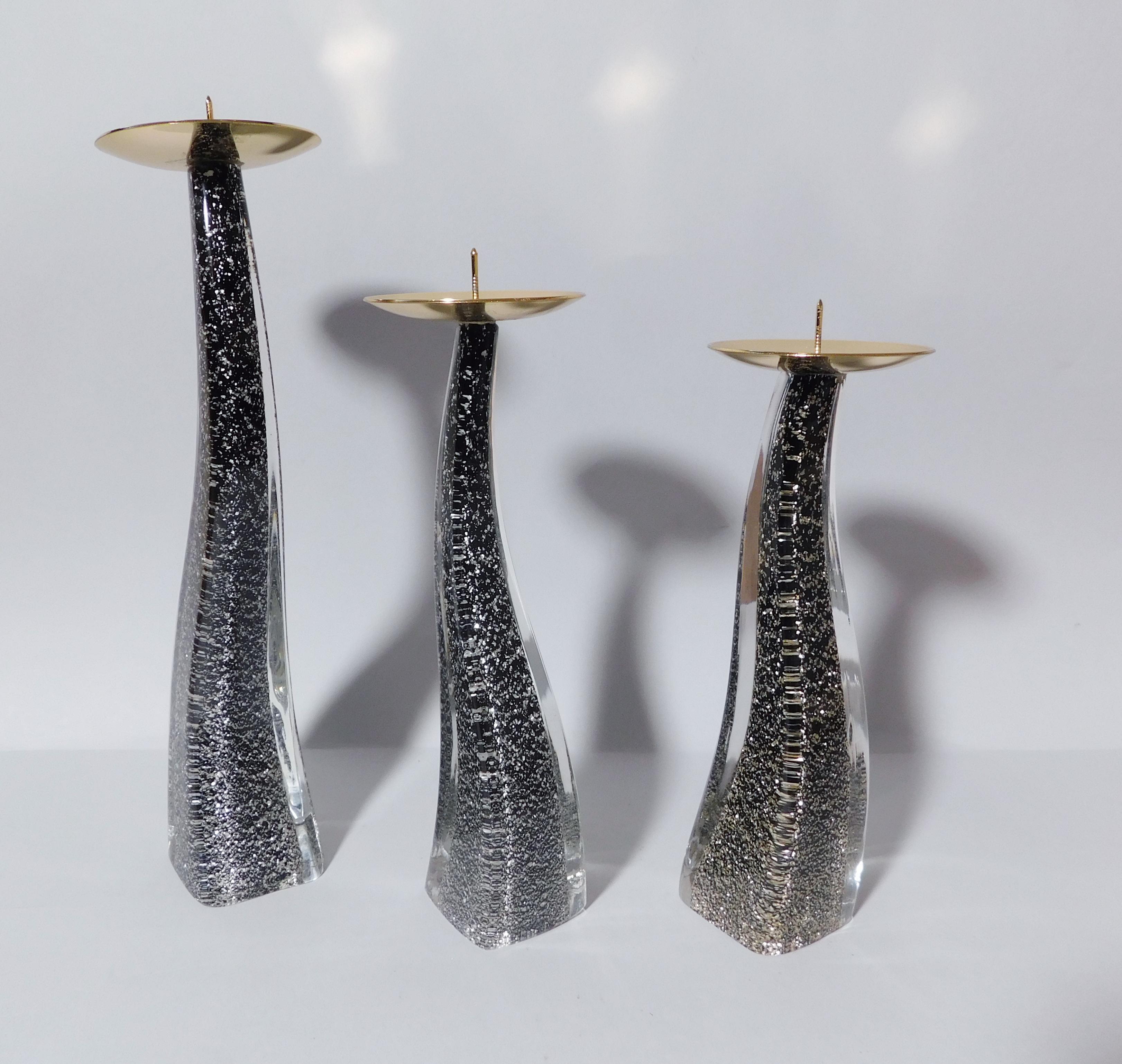 Set of 3 Black Murano Glass Candlesticks by Maurizio Toso For Sale 1