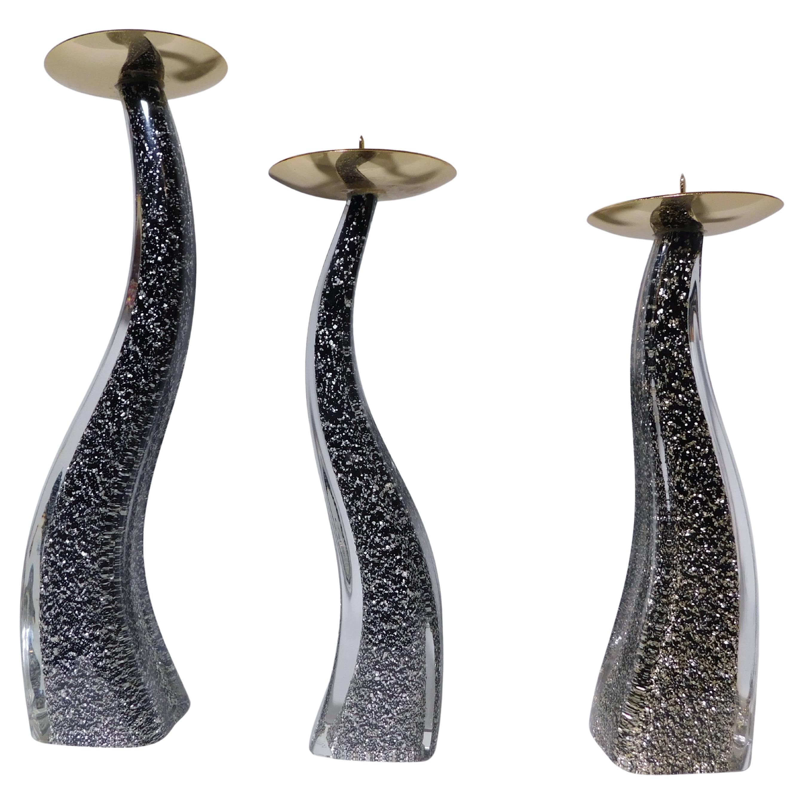 Set of 3 Black Murano Glass Candlesticks by Maurizio Toso For Sale