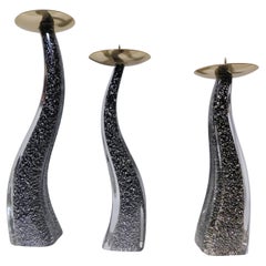 Set of 3 Black Murano Glass Candlesticks by Maurizio Toso