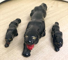 Set of 3 Black Panther Mid Century Ceramic Figures Sculpture