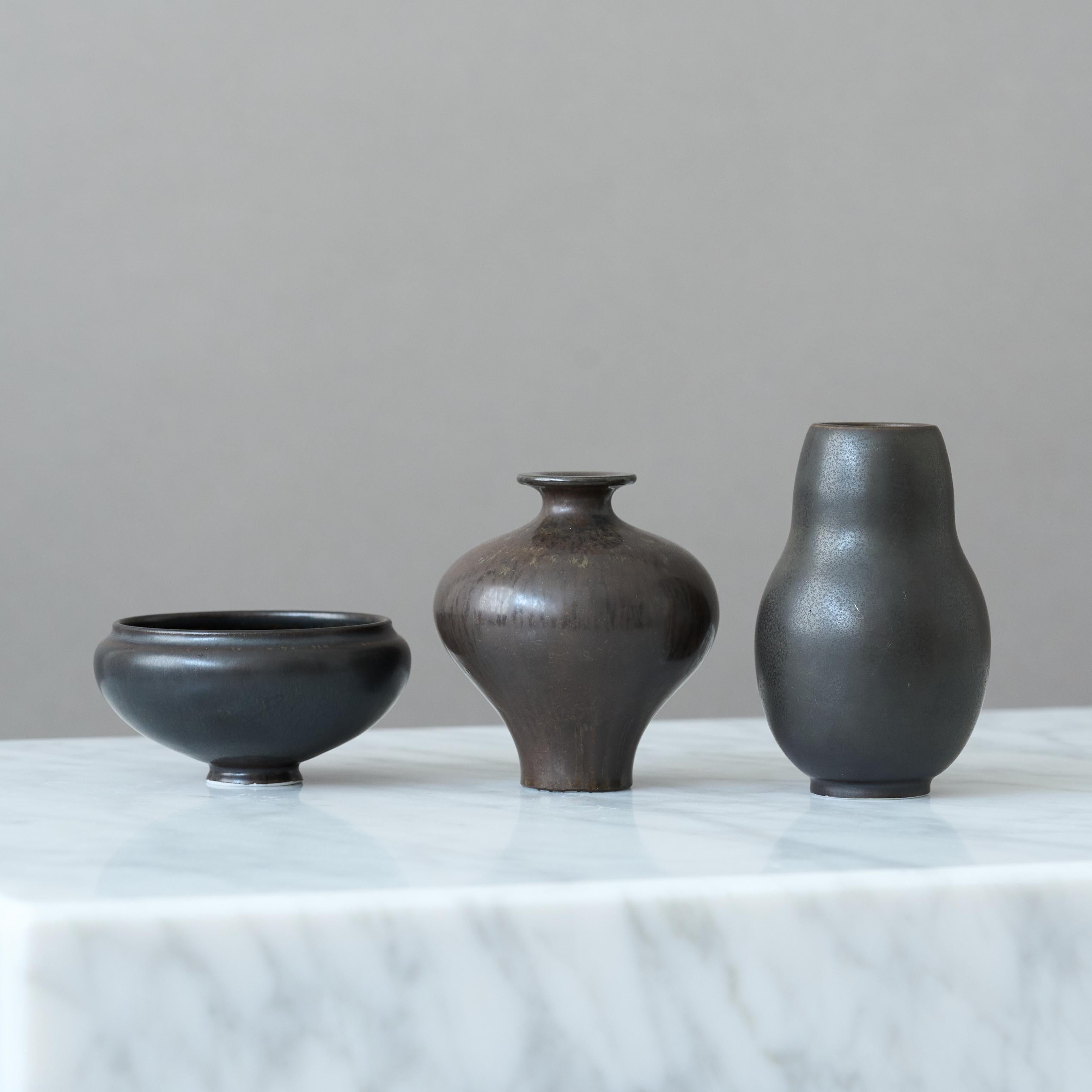 Swedish Set of 3 Black Stoneware Miniatures by Gunnar Nylund. Rörstrand, Sweden, 1950s. For Sale