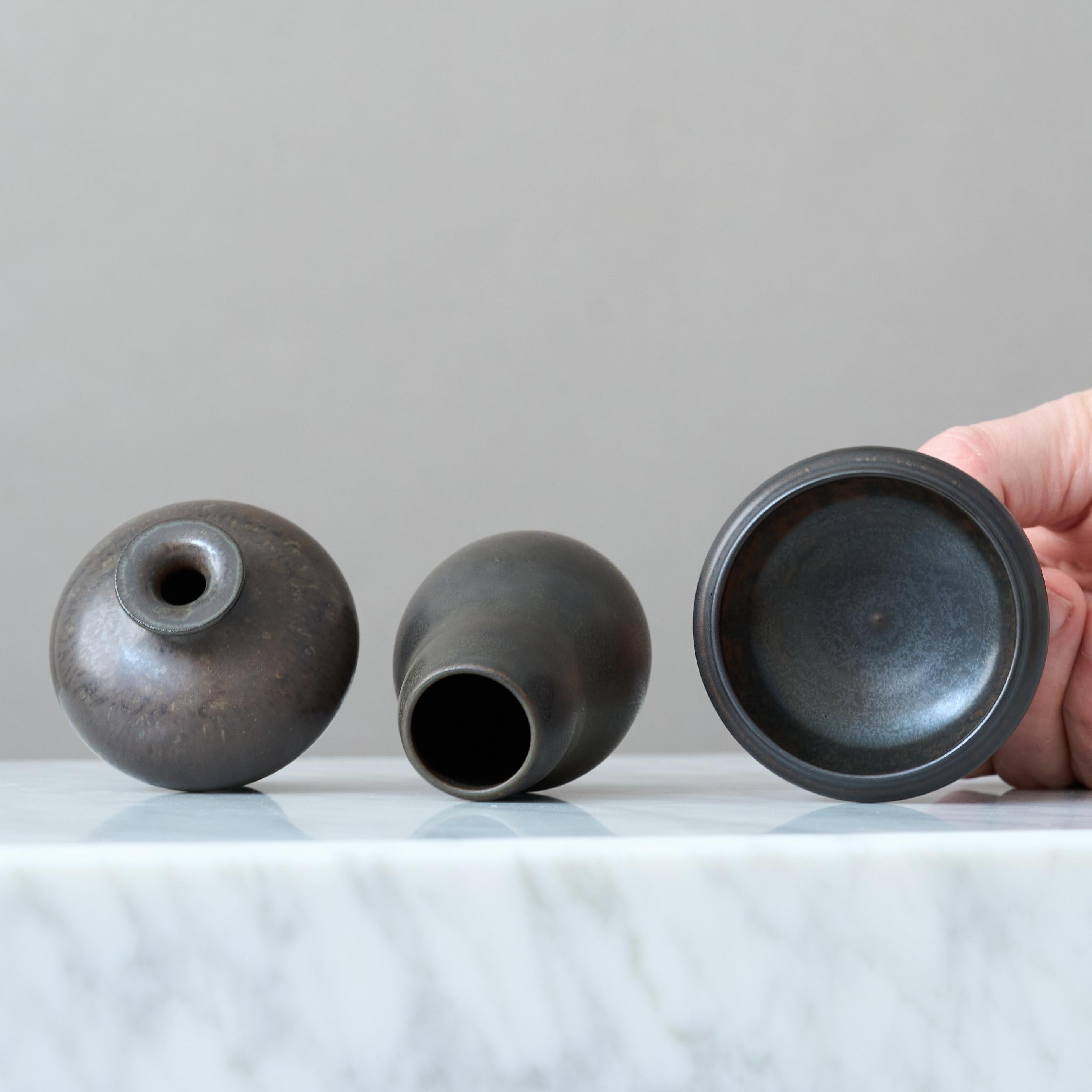 20th Century Set of 3 Black Stoneware Miniatures by Gunnar Nylund. Rörstrand, Sweden, 1950s. For Sale