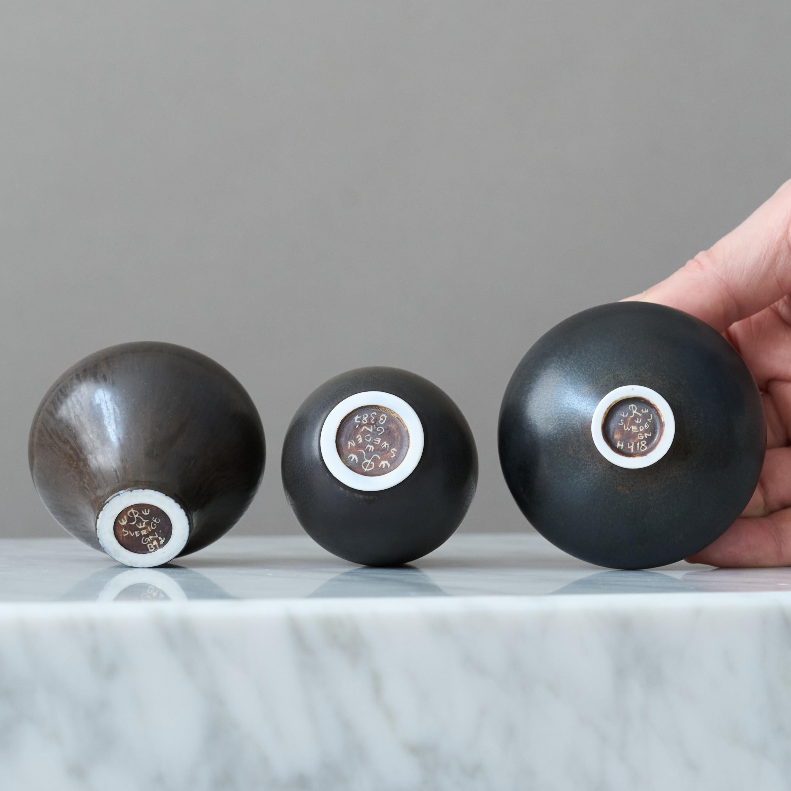 Ceramic Set of 3 Black Stoneware Miniatures by Gunnar Nylund. Rörstrand, Sweden, 1950s. For Sale