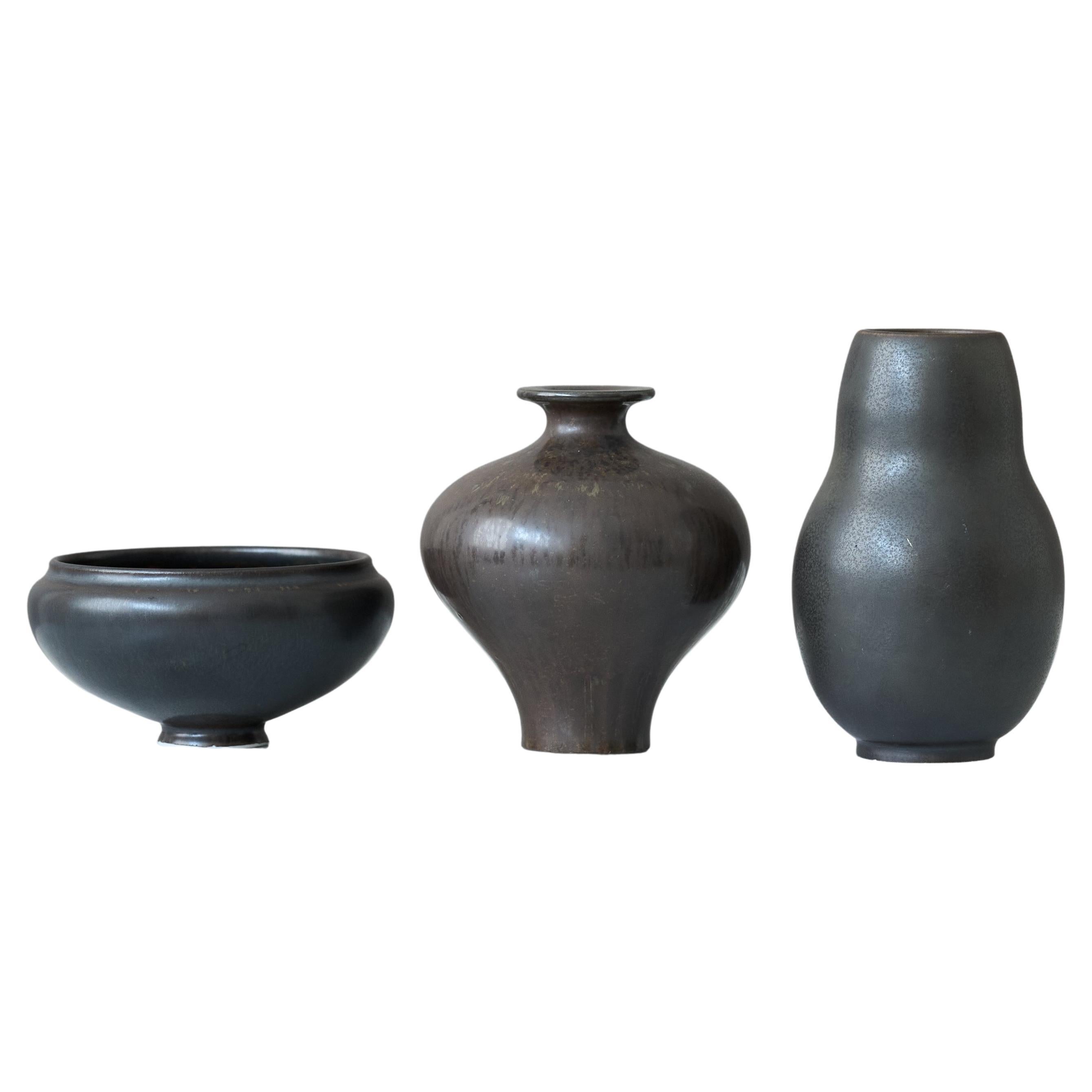 Set of 3 Black Stoneware Miniatures by Gunnar Nylund. Rörstrand, Sweden, 1950s. For Sale