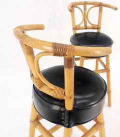 Set of 3 Black Vinyl Upholstery Bamboo Bar Stools Mid Century Modern MINT